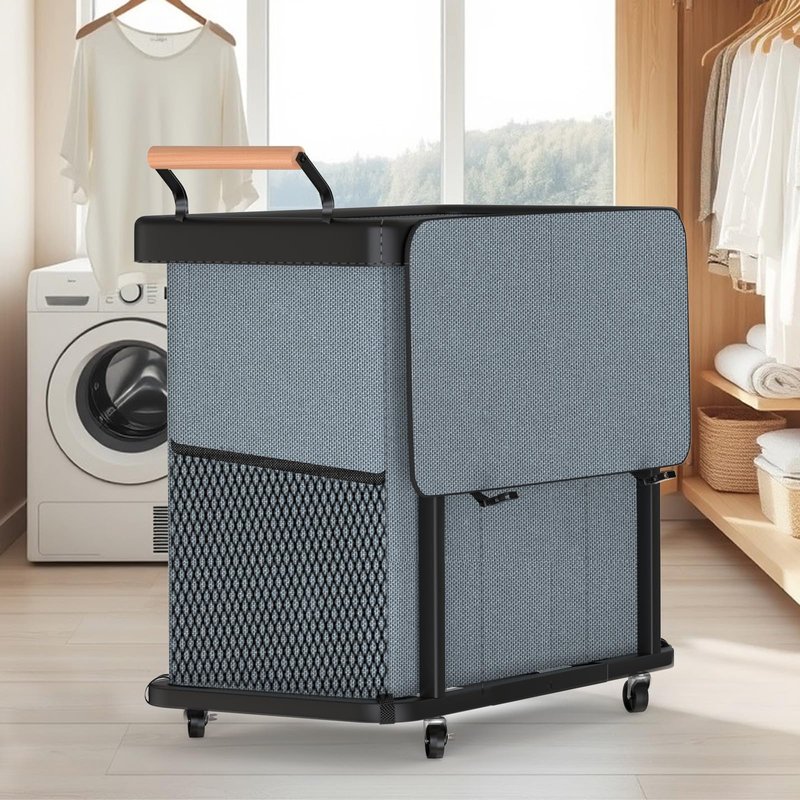 60 Gal (230L) Laundry Hamper 3 Section with Lid, Leather Patchwork Laundry Sorter with Rolling Lockable Wheels and Handle, Laundry Basket Organizer for Laundry Room, Bedroom and Bathroom - Gray