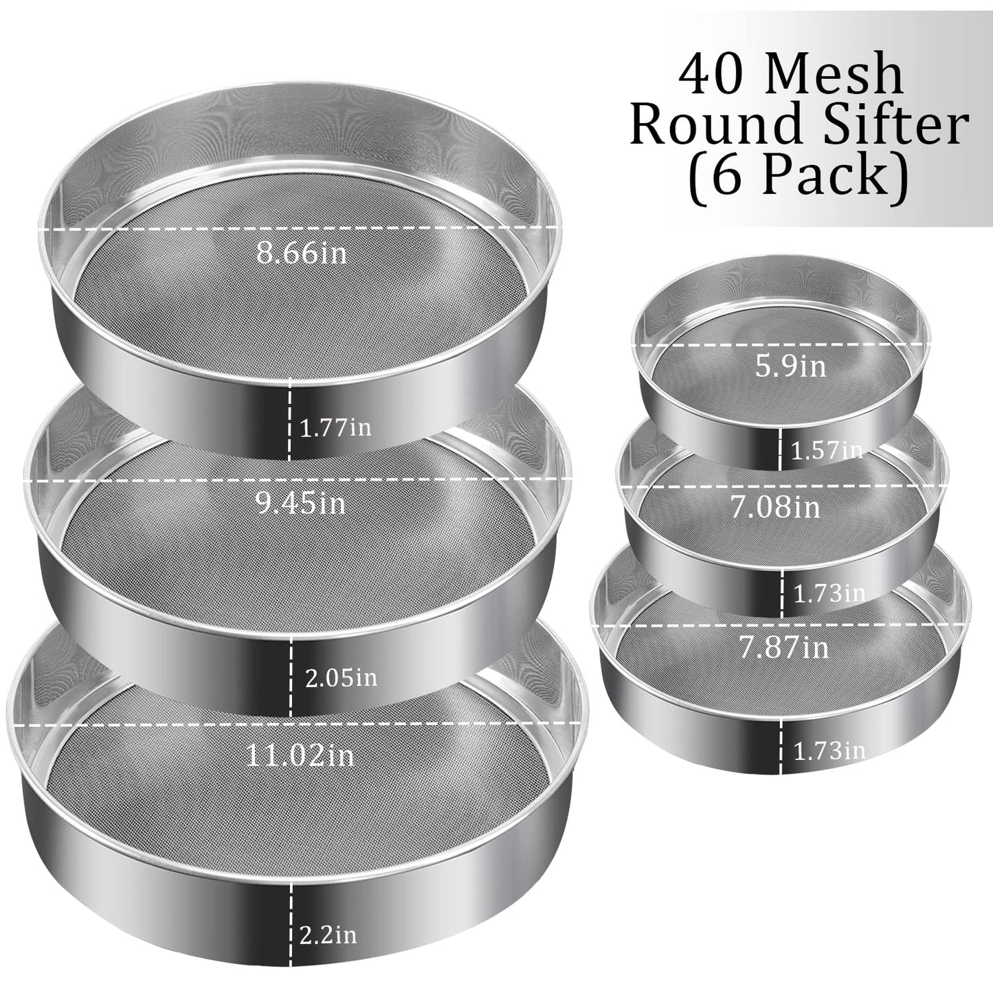 6 Pieces Stainless Steel Flour Sifter, Round Flour Sifter 40 Mesh, Premium Rustproof Flour Sieve Fine Mesh for Baking Cake Bread Pies Pastries Cupcakes(Different sizes)
