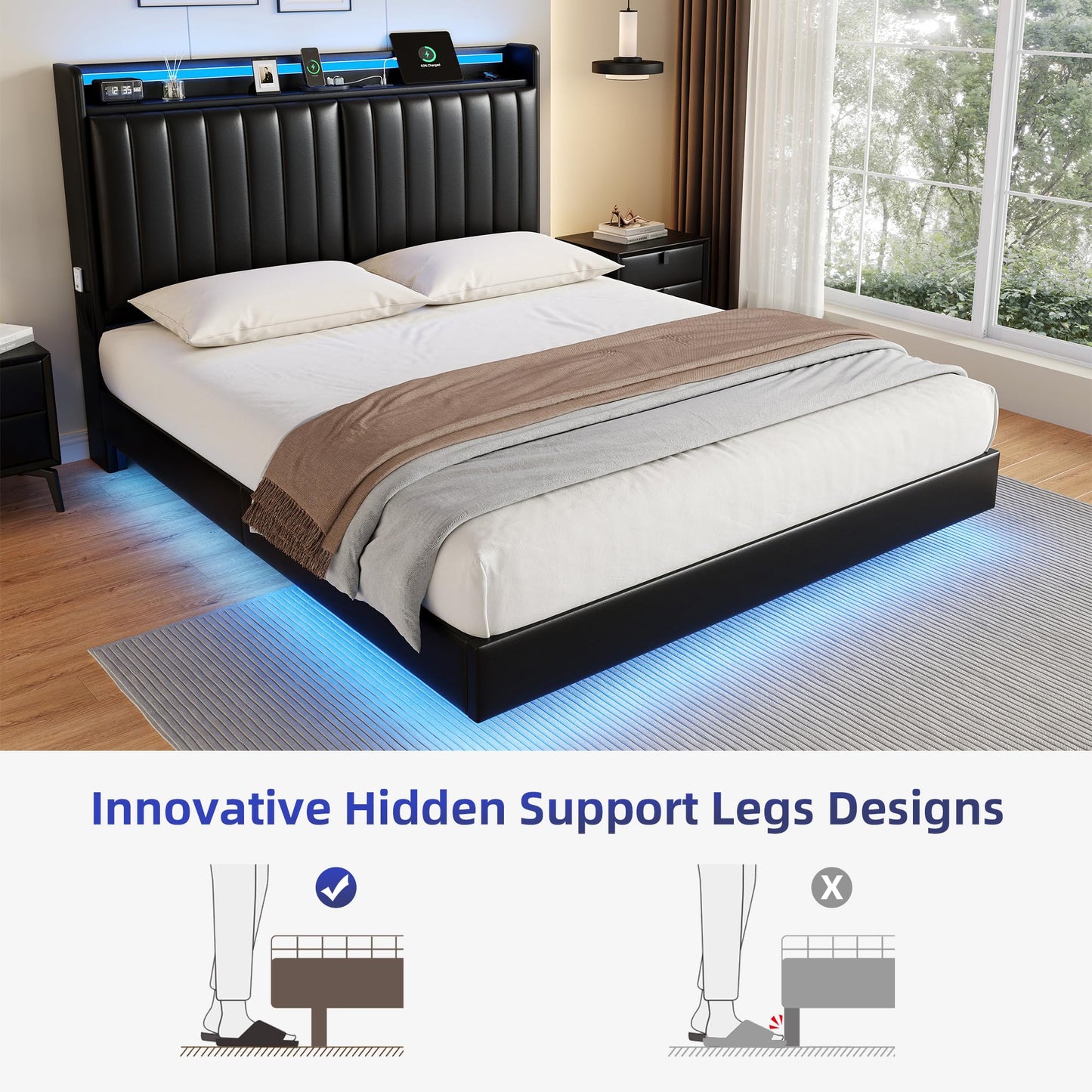 Jocoevol Queen Size Floating Bed Frame with Ergonomic Hidden Storage Headboard and LED Lights, Visual Floating LED Bed Frame with Charing Station, Leather Upholstered Platform Bed, Heavy Duty, Black