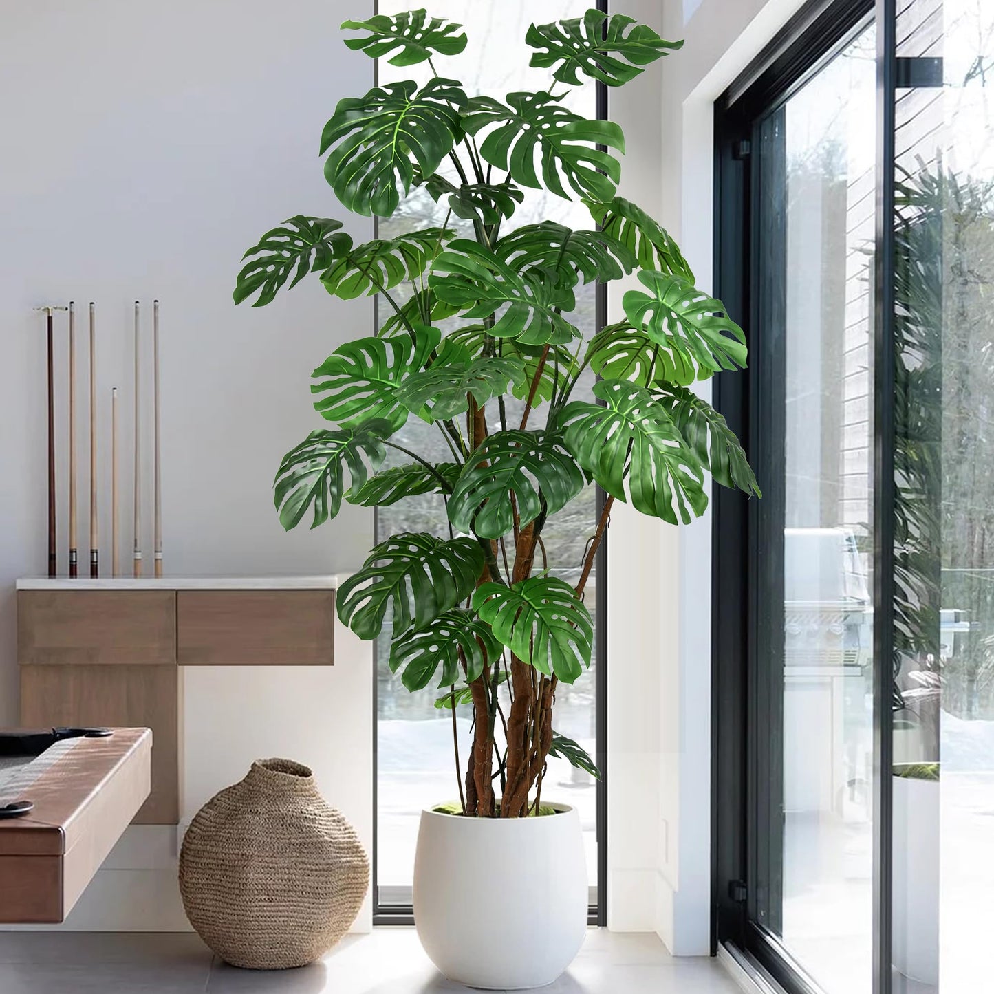 Roselywed Artificial Monstera Deliciosa Tree 8FT with 27 Split Leaves Realistic Tropical Swiss Cheese Plant 94 Inch Tall Large Fake Faux Palm Black Pot for Indoor Home Office Porch Mall Hotel Decor