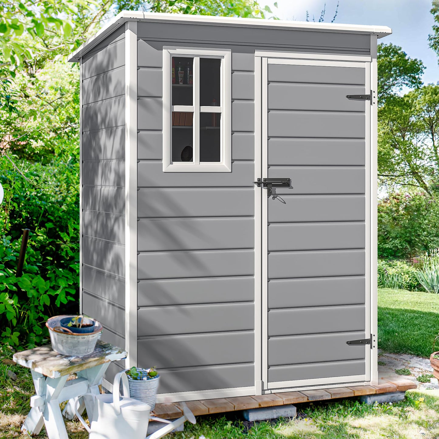 DWVO 5x3 FT Outdoor Storage Shed with Floor, All-Weather Resin Storage Shed with Window & Lockable Door, Waterproof Plastic Tool Storage for Garden Patio, Gray