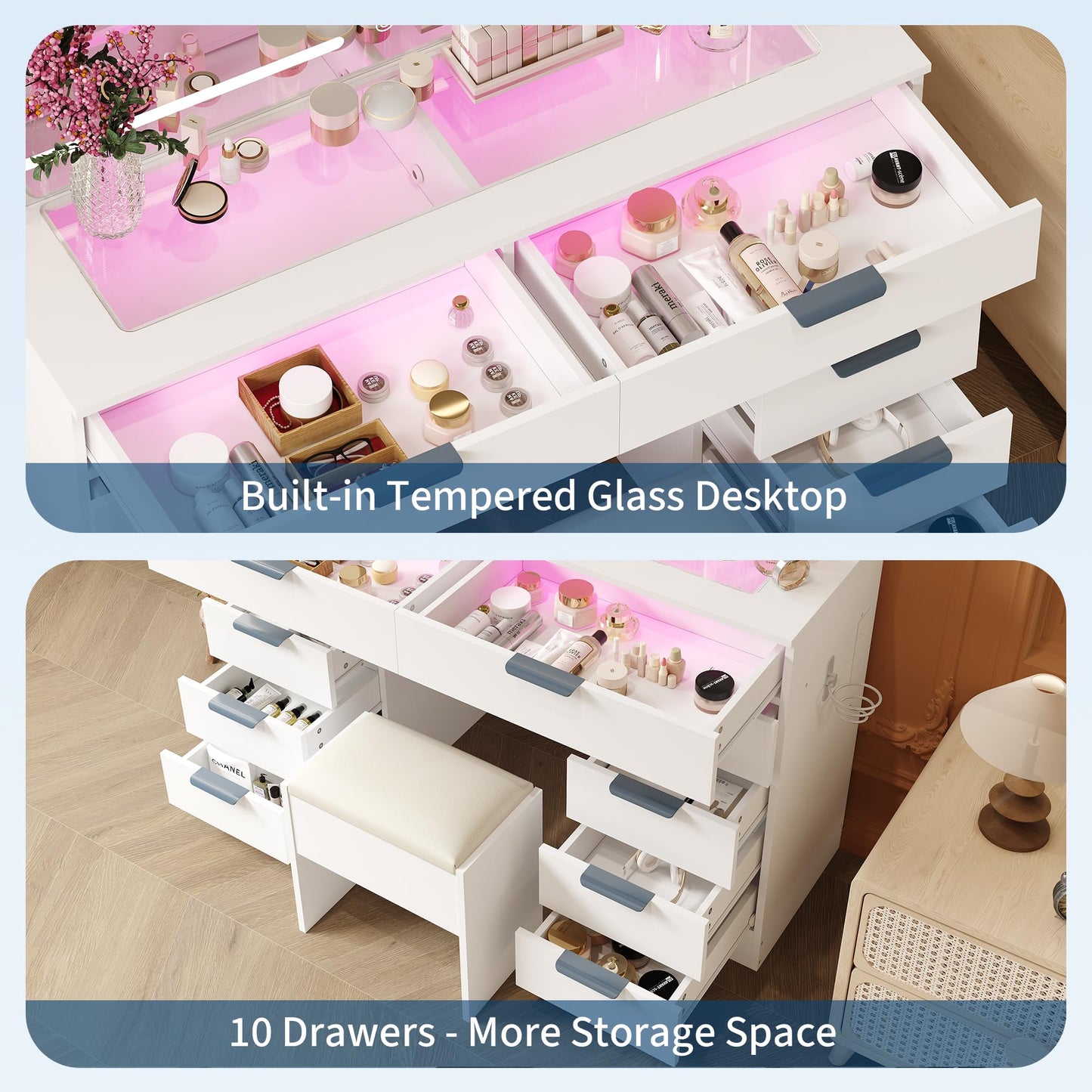 Garvee Vanity Desk with Large Mirror and Lights & Magnifying Glass, Makeup Table, Dressing Table Set with Stool, Power Outlet, 3 Lighting Modes, 10 Drawer, White