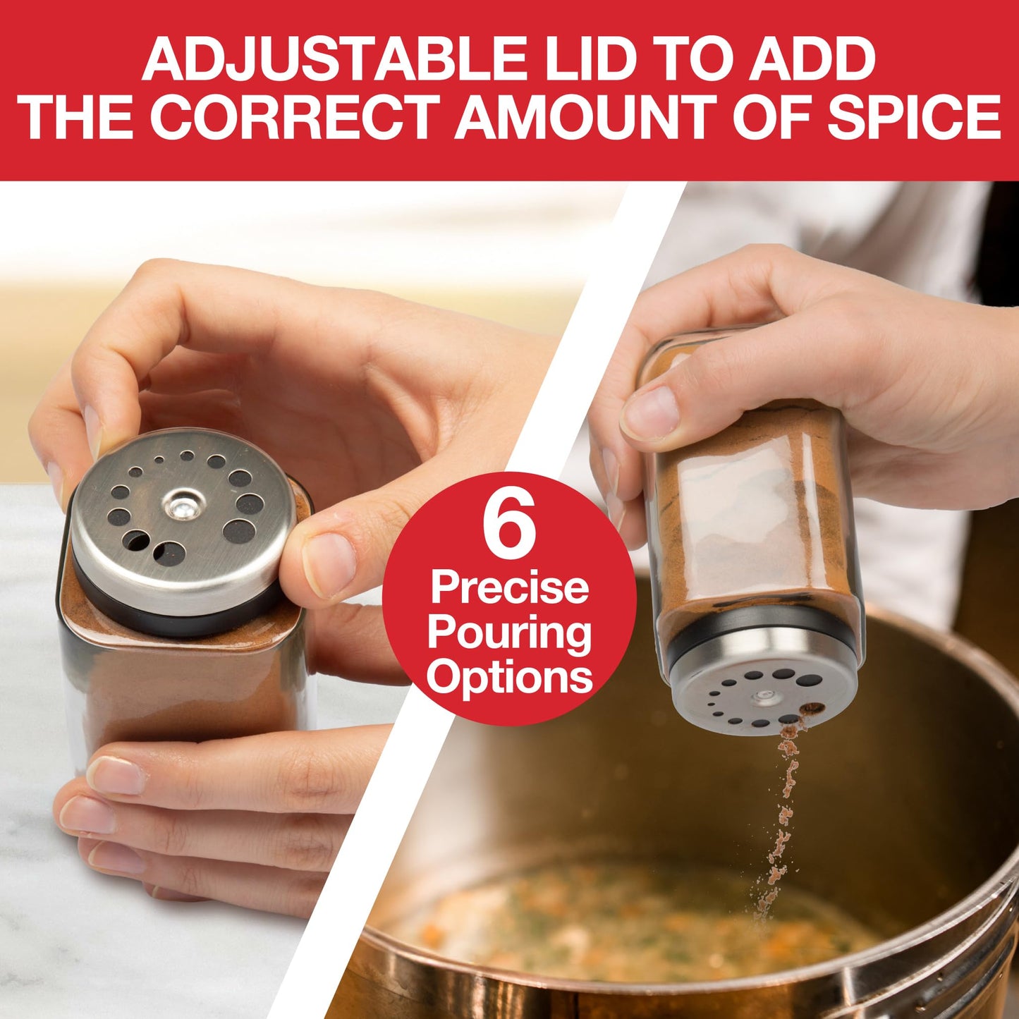 Adjustable Glass Spice Jars (Set of 6) with 6 Pouring Sizes- Stainless Steel Lid/Cap- Square Seasoning Bottle Containers for Minimalist Kitchen Pantry Storage Organization- Fill Shaker w Salt Pepper