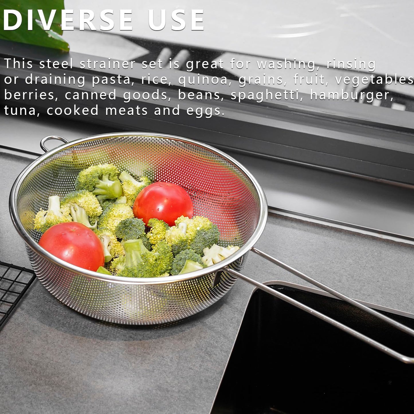 ICEICE Metal Fine Mesh Strainer and Colander for Kitchen with Handle, Stainless Steel Pasta Strainer/Kitchen Funnel/Collander/Sifter for Strain/Wash Vegetables, Fruits, Spaghetti, Rice (10.2")
