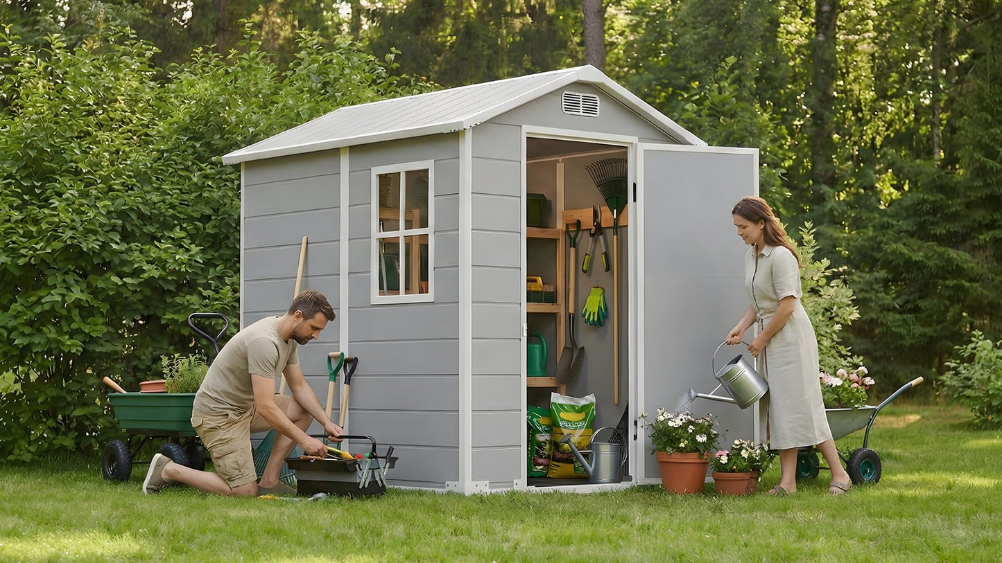 AIRAJ 4x6 FT Outdoor Storage Shed,Resin Storage Shed with Floor/Window/Vent/Roof Rainwater Drainage/Lockable Door,All-Weather Plastic Garden Sheds,for Yard,Garden,Poolside,Lawn Mower,Seasonal Items