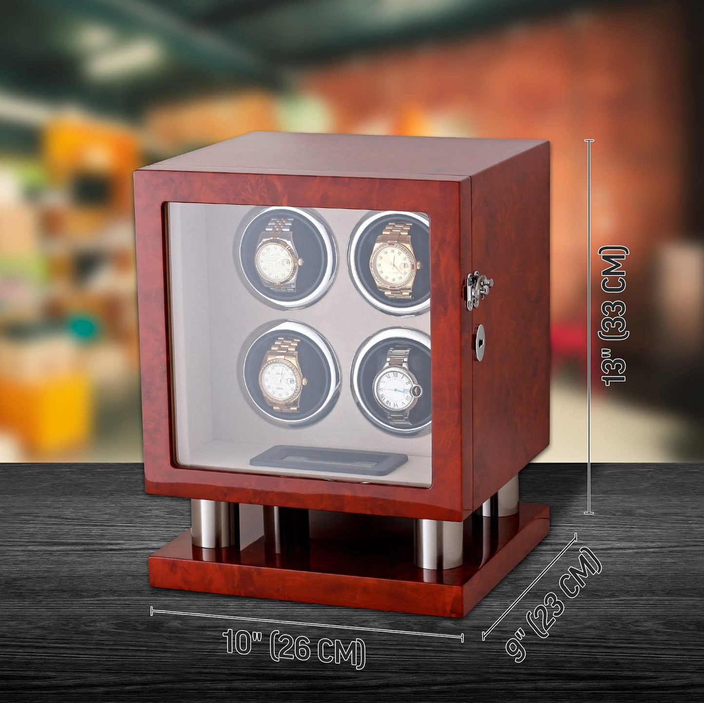 Watch Winder for 4 Watches with LED Backlight, LCD Display and Motor-Stop Option (Dark Burl)