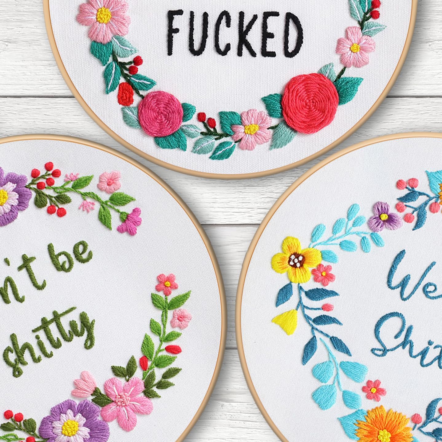 Louise Maelys 3 Sets Funny Embroidery Kits for Beginners,Cross Stitch Kit for Adults,DIY Starters Needlepoint with Flower Wreath Pattern,Including Instruction and Threads