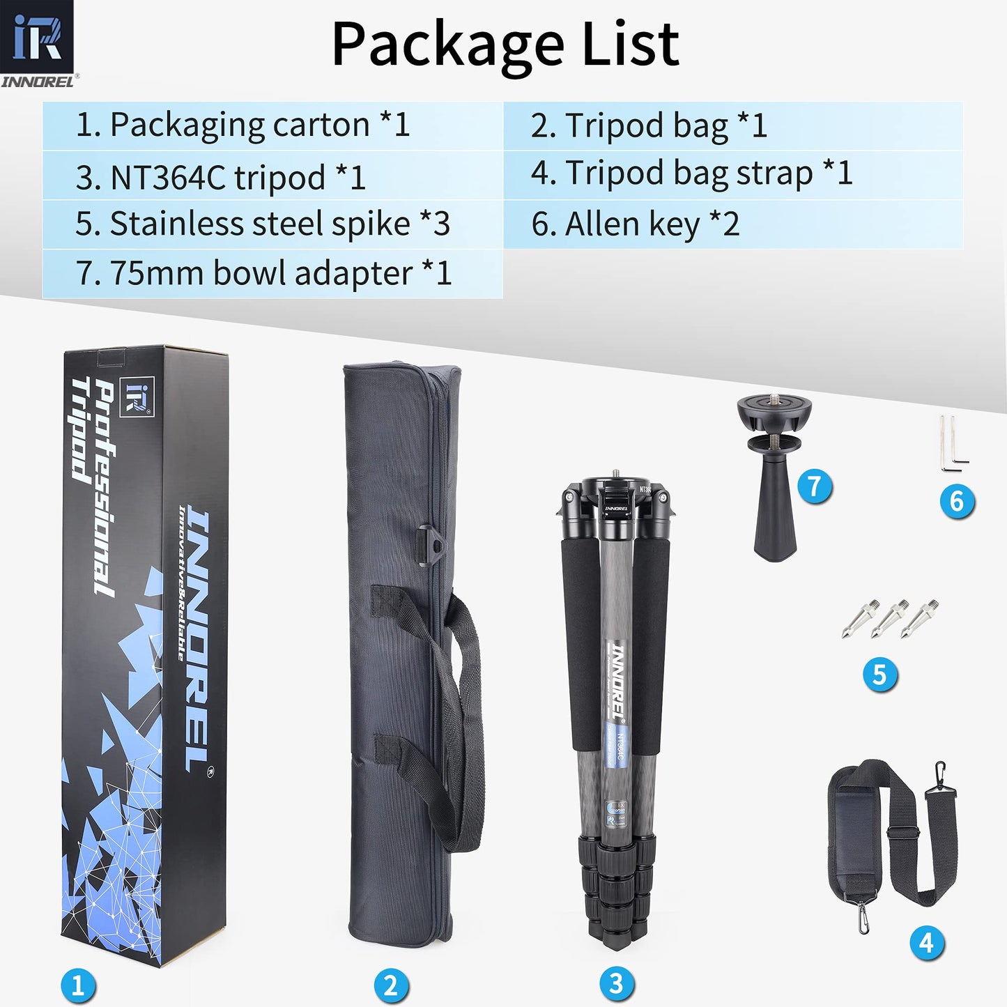 INNOREL NT364C Professional Carbon Fiber Tripod - Heavy Duty Camera Stand, 55lb/25kg Max Load, 75mm Bowl Adapter (Max Tube 36mm)