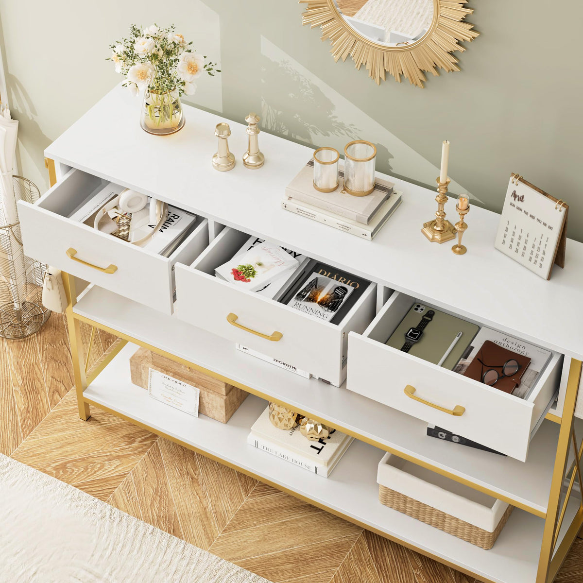 HITHOS Tall Bookshelf, Industrial Console Table with Drawers and Ladder Shelves, Free Standing Storage Cabinet Kitchen Bakers Rack with Microwave Oven Stand for Home Office, White Gold