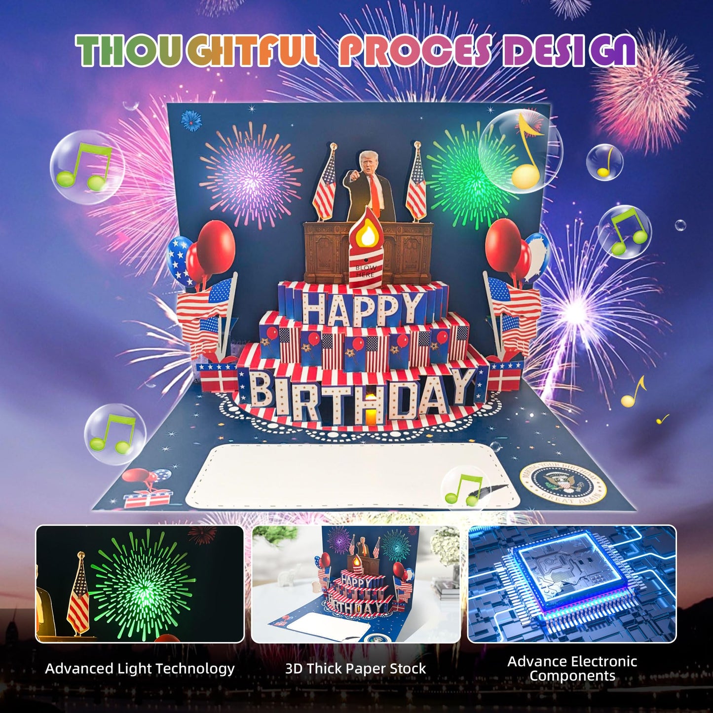 BELLESTILE Donald Trump Birthday Card with Lights and Music,3D Pop Up Fireworks Birthday Card with Blowable Candle,Greeting Cards,Birthday Gifts for Mom Women Men Kids Child Dad Father Wife 