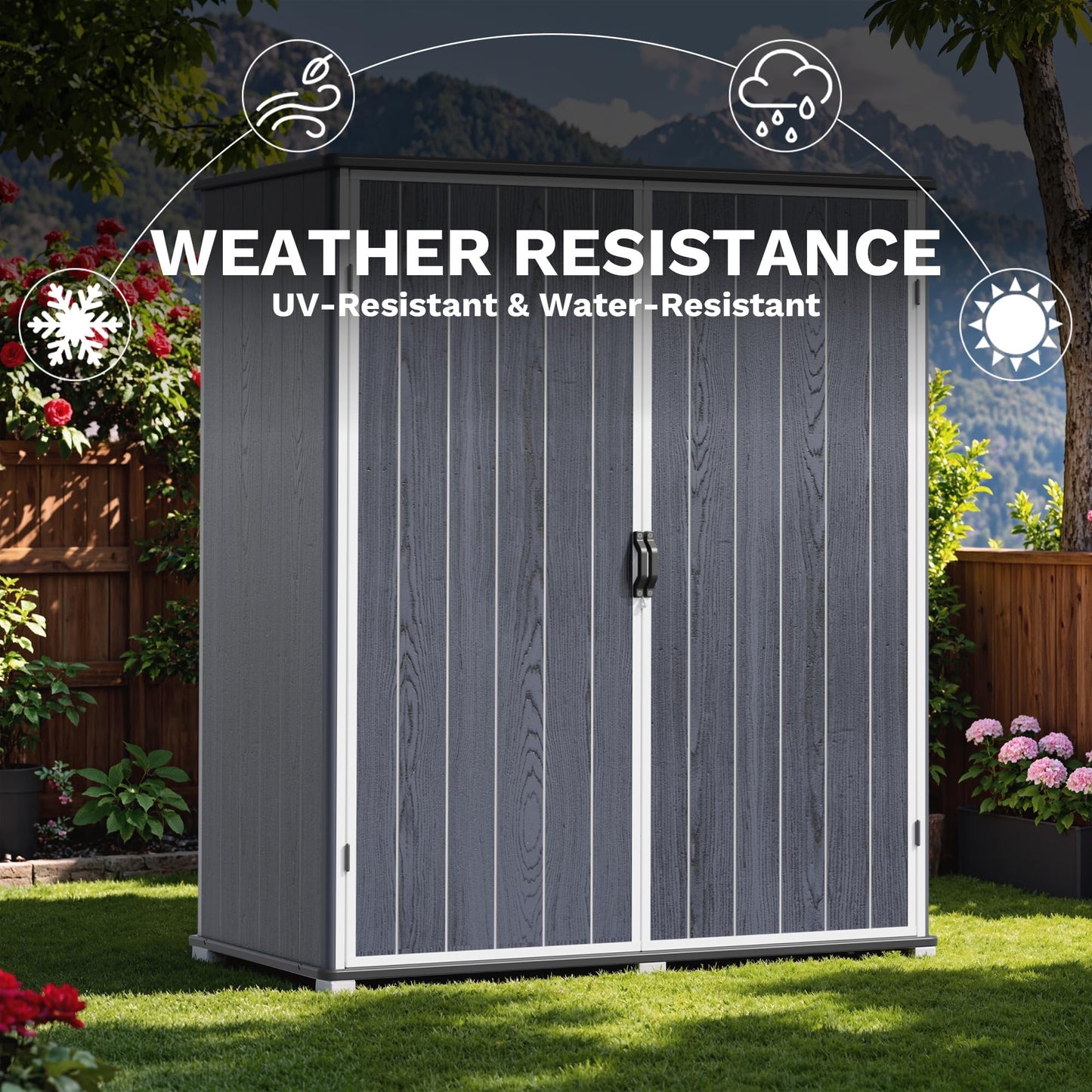 Devoko 5x3 FT Plastic Storage Shed with Floor, Small Resin Vertical Outdoor Storage Cabinet with Lockable Door, Waterproof Tool Garden Shed for Patio Lawn Backyard, Dark Gray