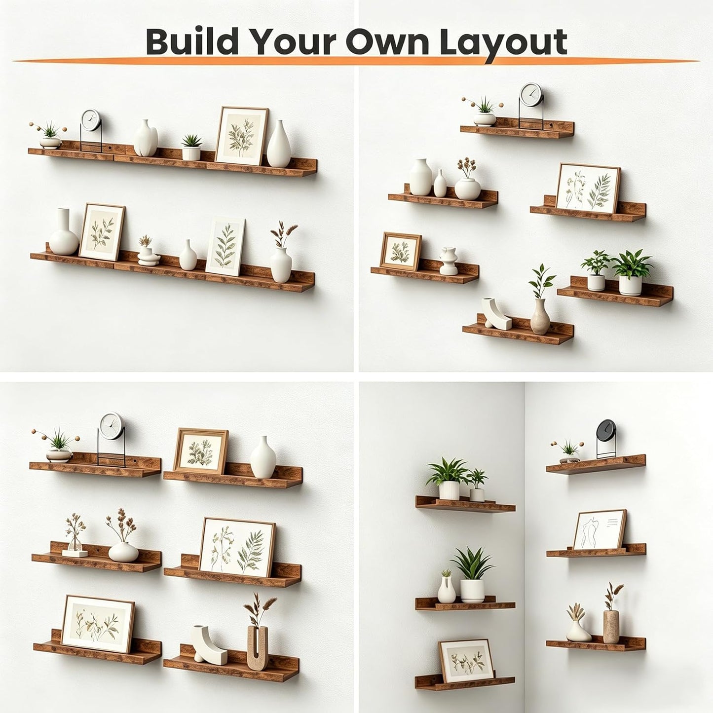 Upsimples Floating Wall Shelves - Set of 6 Decorative Wood Shelves for Bedroom, Living Room, Kitchen | Brown