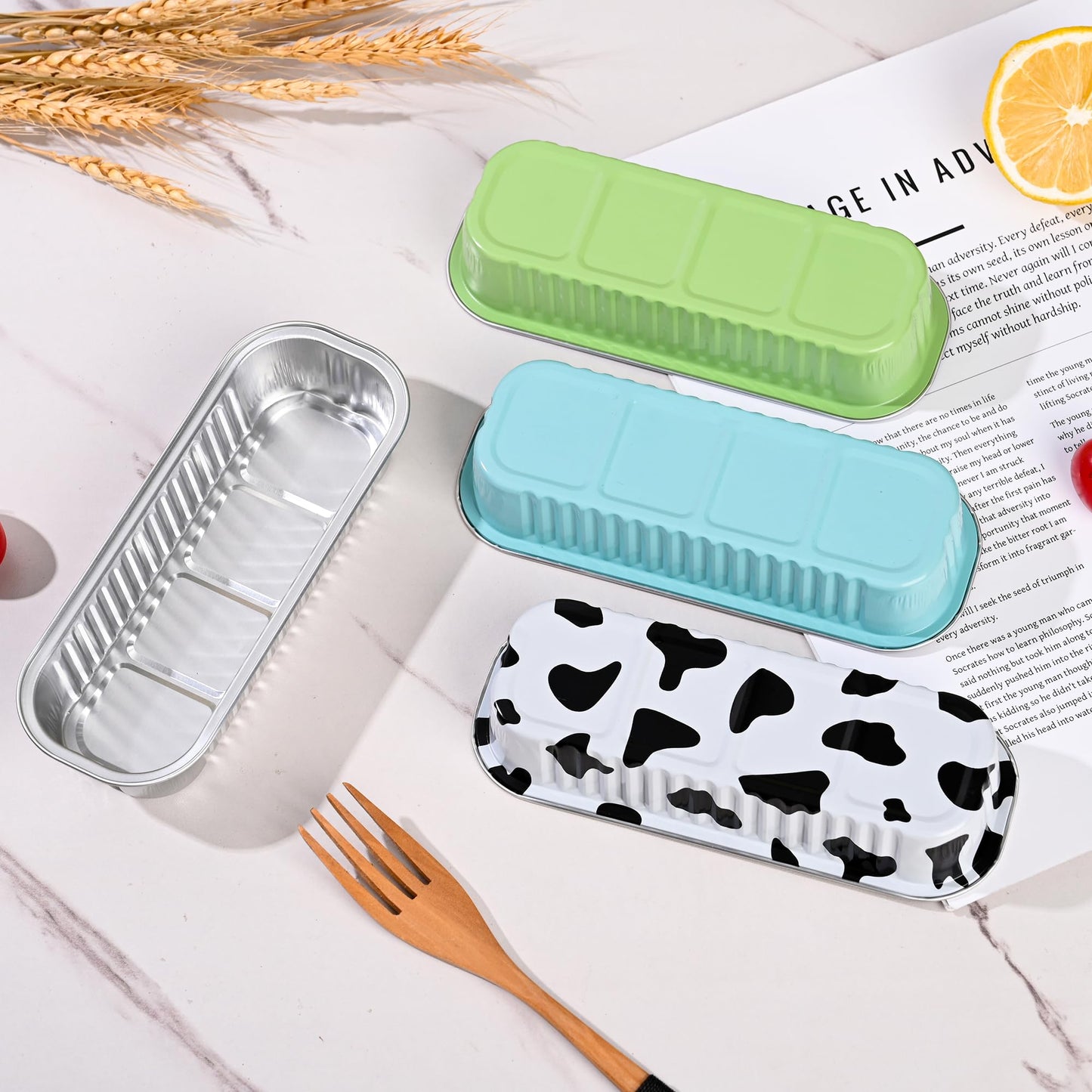 Findful Mini Loaf Baking Pans with Lids and Spoons (50 Pack, 6.8oz) Rectangle Aluminum Foil Baking Pans Tins Containers - Cupcake Containers Wrappers Cheesecake Creme Brulee Ramekins
