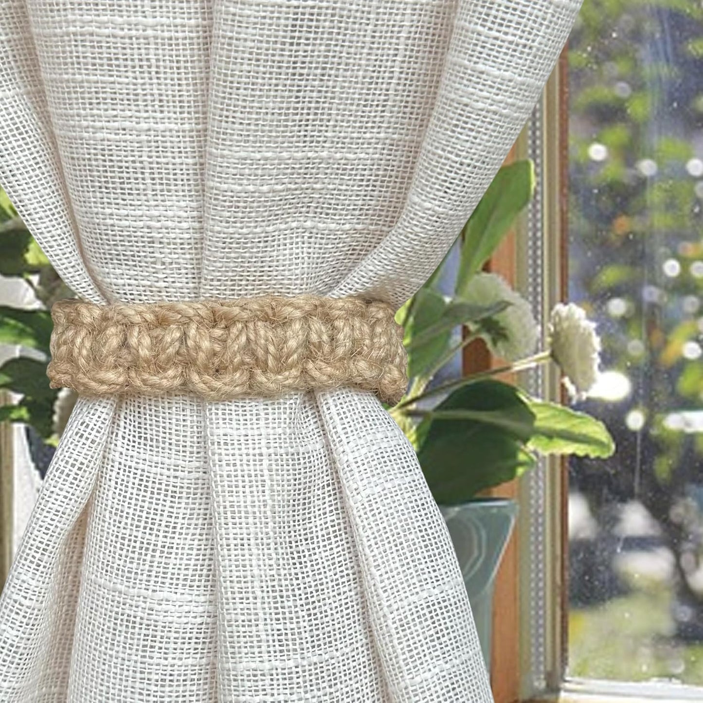 Boho Curtain Holdbacks Tiebacks for Drapes, Jute Rope Tie Backs for Light Sheer Curtains, Set of 4