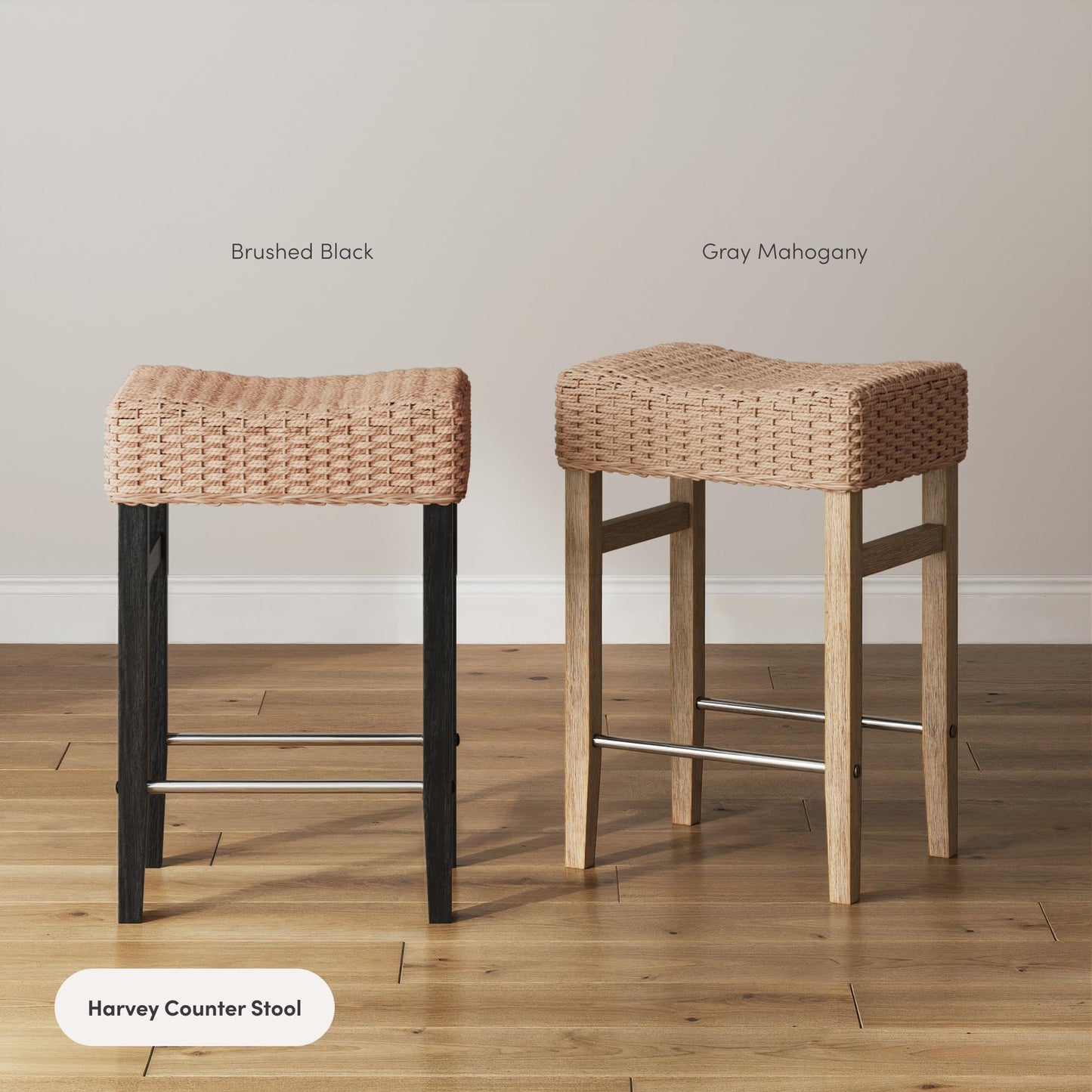 Nathan James Harvey Rattan Bar Stool, Bohemian Counter Height Stool with Woven Seagrass Seat, Solid Wood Legs, and Metal Footrest Seagrass/Brushed Black, Set of 2