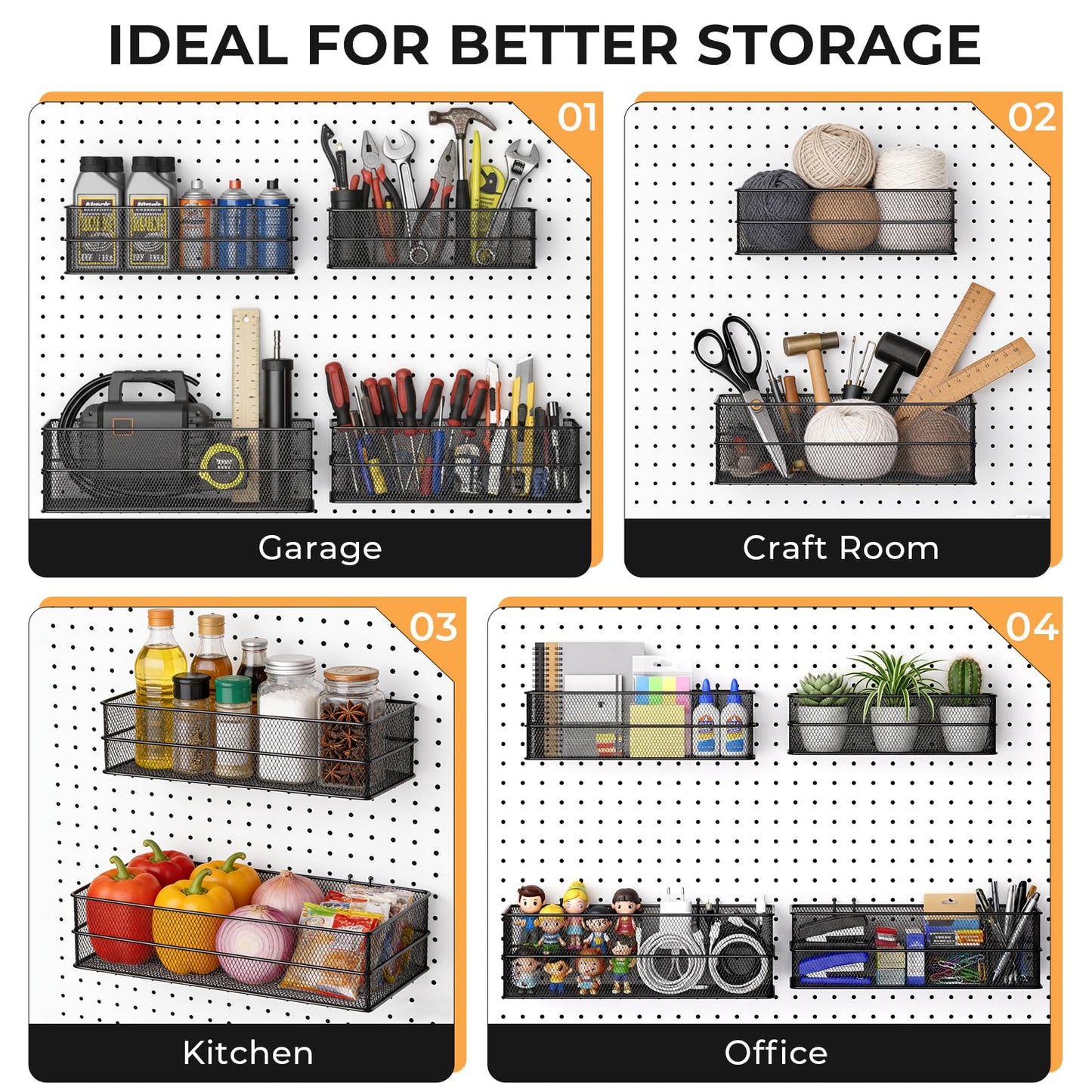 INCLY 4 Pack Upgrade Pegboard Baskets, 4 Sizes Square Style Metal Mesh Pegboard Baskets and Bins, Peg Board Organizer Accessories for Garage Craft Room Office Kitchen
