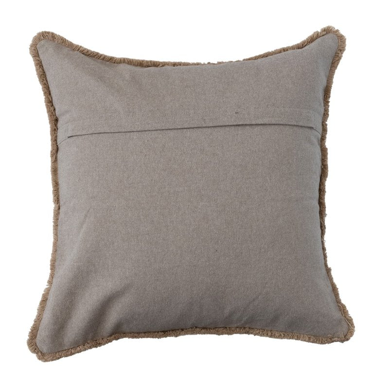 Cotton Slub Throw Pillow Cover with Geometric Embroidery and Fringe, Brown