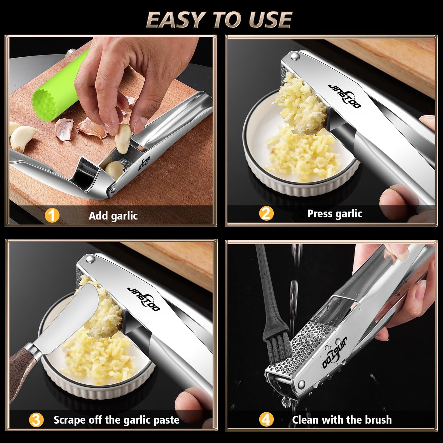 JINGTOO Garlic Press Stainless Steel, Premium Garlic Mincer - 5 Years Warranty - No Need to Peel Garlic Crusher, Ginger Masher & Presser Large Trough Ergonomic Handle, Easy Squeeze,Dishwasher Safe