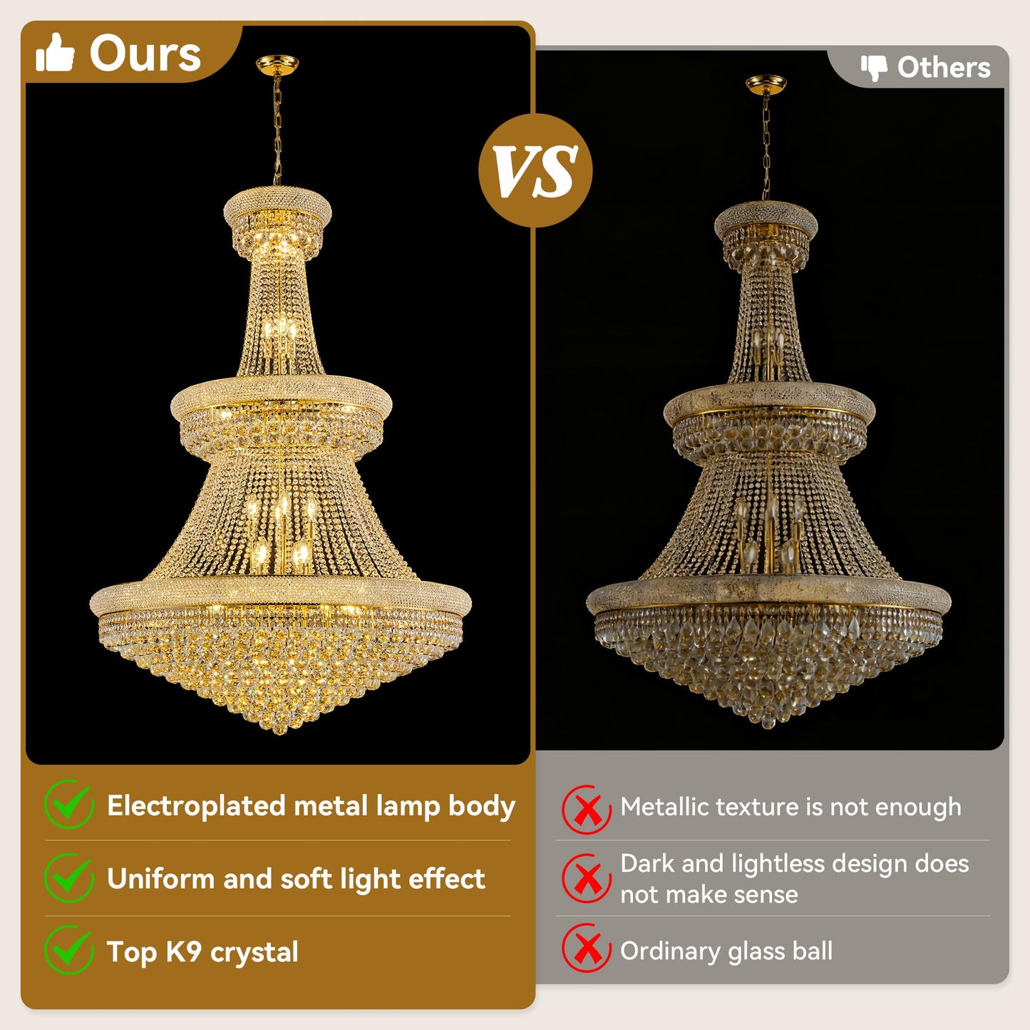 Dvasovio 42'' W Luxury 3-Tier Empire Crystal Chandelier, 36 LED Bulbs, 480 Hand-Strung K9 Crystals (4 Spares), 79-Inch Adjustable Chain, Ideal for Foyer, Staircase, Double-Height Living Room (Gold)