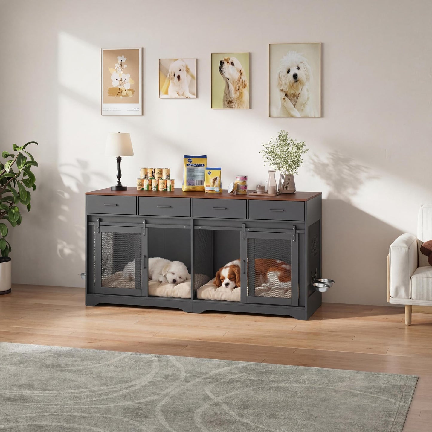 Garvee Double Dog Crate Furniture, 71'' Large Dog Crate Furniture for 2 Dogs with 4 Sliding Doors and 4 Drawers, Dog Kennel Furniture for Large Dogs Indoor with Feeding Bowls, Black