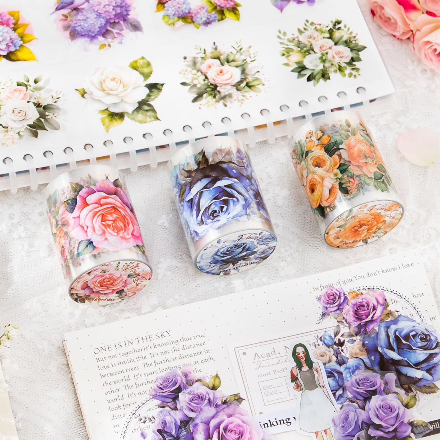 8Rolls Floral Washi Tape Set Flower PET Tapes Stickers for Crafts Journaling,Scrapbooking Supplies, Planner, Bullet Journals,Gift Wraping,Sunflower Rose Hydrangea Butterfly Decorative Masking Tape