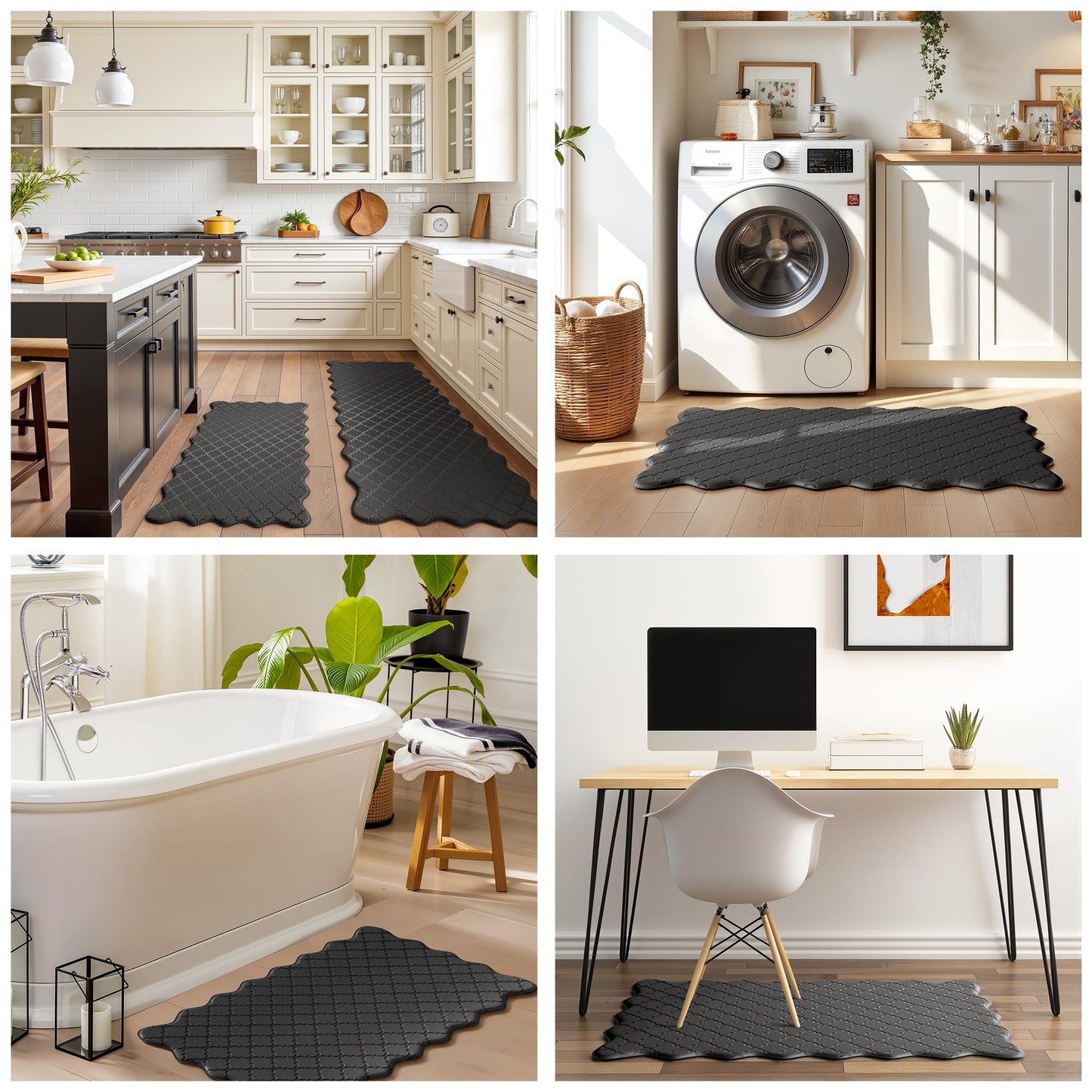 Arenarug Upgrade Scalloped Embossed Kitchen Mats for Floor 2PCS Cushioned Anti Fatigue Waterproof Foam Kitchen Rugs Non Slip Washable Comfort Standing Mat for Office Sink Laundry, Black