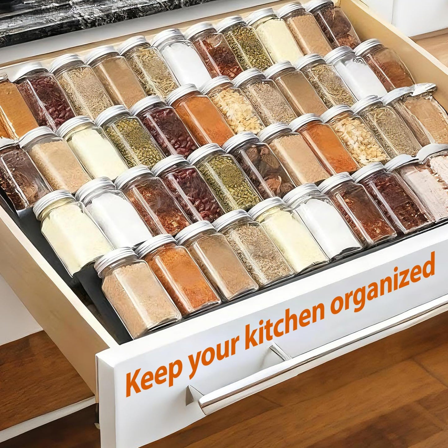 Pesilo Spice Drawer Organizer, 4 Tier- 6 Pack Drawer Seasoning Organizers, Kitchen Spice Rack Tray Expandable From 12" to 24", Black Spice Rack Insert for Cabinet Countertop(Jars Not Included)