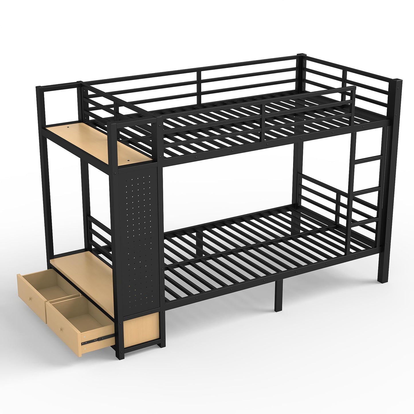 Bellemave Bunk Bed Twin XL Over Twin XL,Metal Bunk Bed with Shelf and Guardrails,Queen Bunk beds with Storage Drawers and Clothes Hooks for Kids, Teens & Adults(Black)