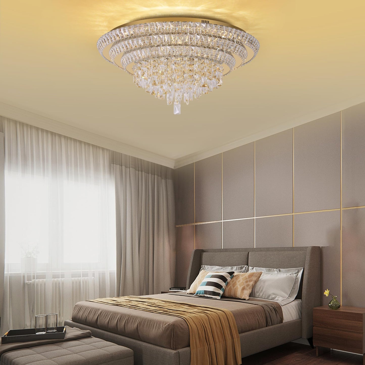 30 inch Flush Mount Crystal Chandeliers with Remote and APP Gold, Modern Elegant LED Crystal Raindrop Ceiling Light Fixture, 3CCT Dimmable, for Living Room Kitchen Island Bedroom Entryway Foyer