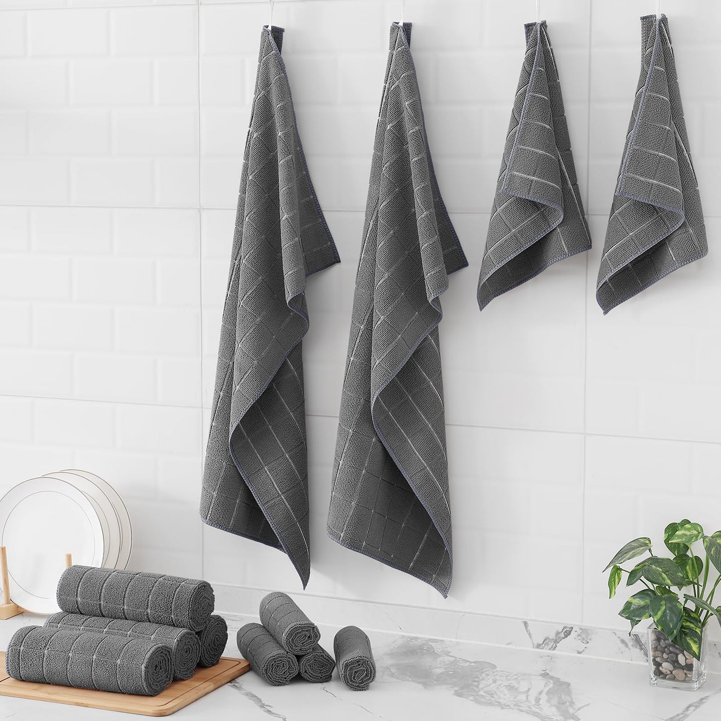 Homaxy Microfiber Kitchen Towels and Dishcloths Set, 12 Pack Soft and Absorbent Dish Hand Towels Bulk, 28 x 16 Inch & 12 x 12 Inch Quick Drying Rags for Washing Dishes, Grey
