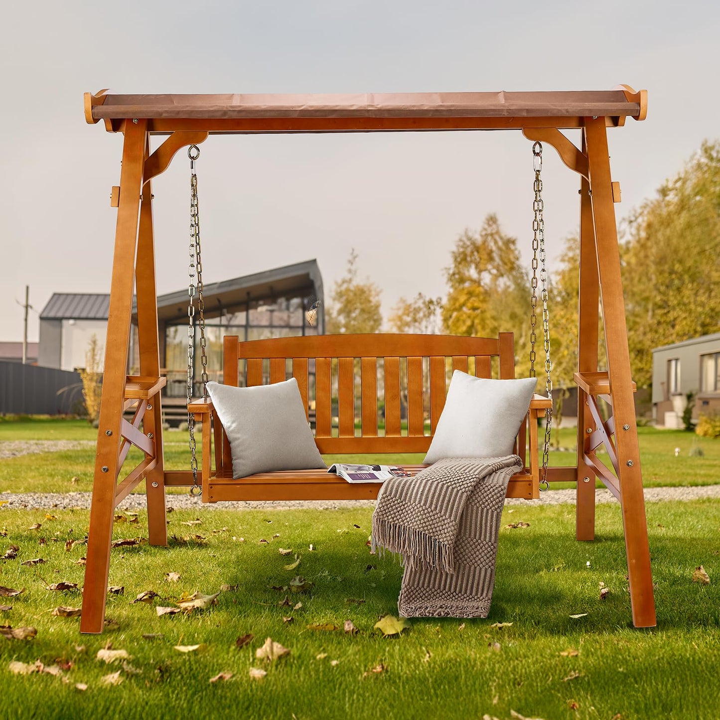 VINGLI Porch Swing with Stand, Porch Swing with Canopy, Waterproof Patio Swing with Cup Holder, Outdoor Swing Set for Garden, Yard, Patio, Teak
