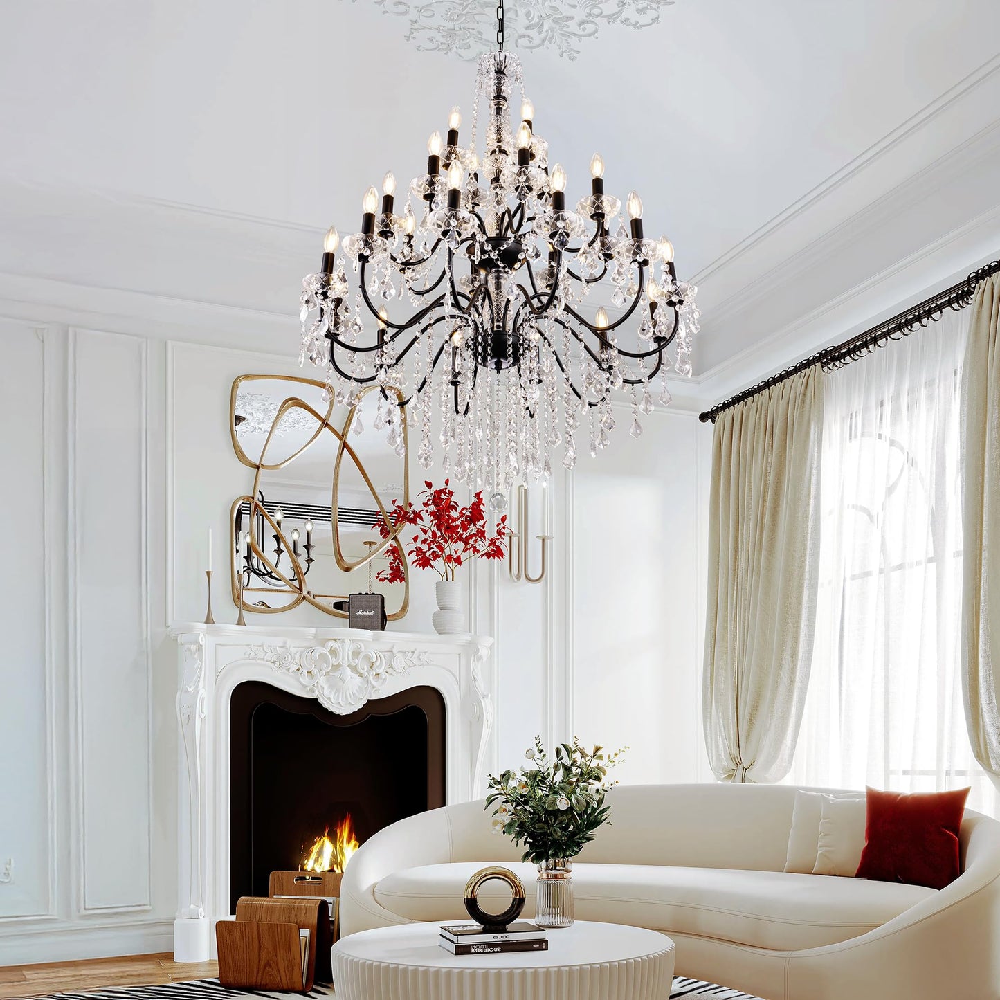 Wellmet Black Chandelier Light Fixture, Luxury Maria Theresa Crystal Chandeliers for High Ceiling Foyer, 24 Lights Hanging Pendant Light for Living Room EntryWay Hall Staircase Large 35.66" (Black)