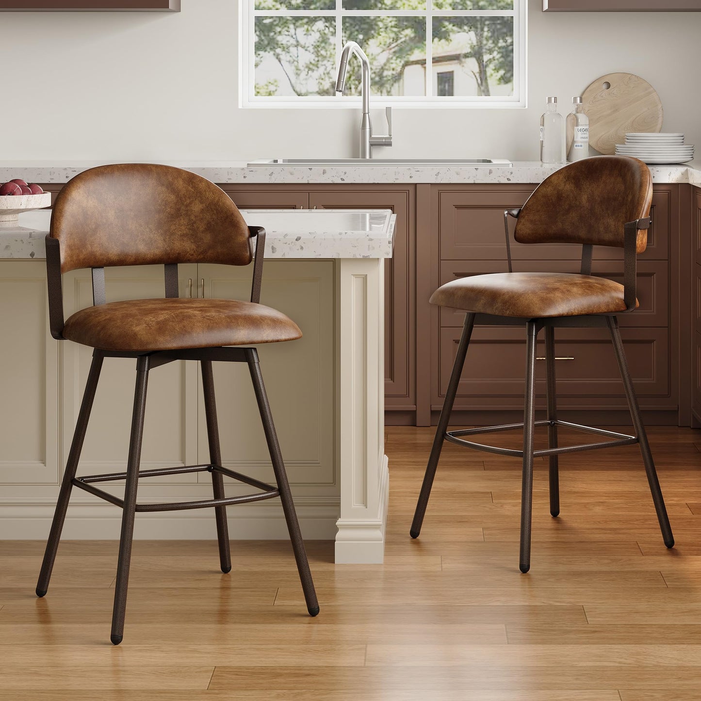 BFZ 26" Bar Stools Set of 3, Modern Swivel Counter Height Bar Chairs with Backs and Metal Legs, Faux Leather Upholstered Barstools for Kitchen Island, Dining Room
