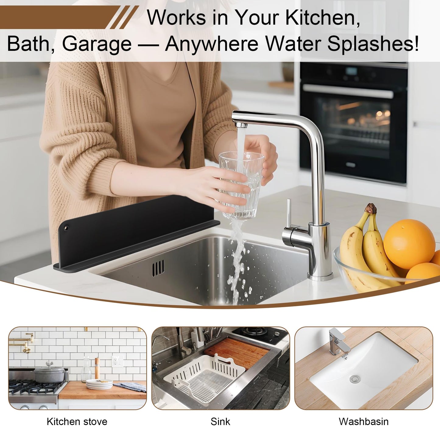 Silicone Sink Splash Guard, Sink Splash Guard with Suction Cup, Kitchen Sink Splash Guard that Can Be Placed Behind the Sink, Sink Splash Guard(17.3 x 4.1 Inch Black)