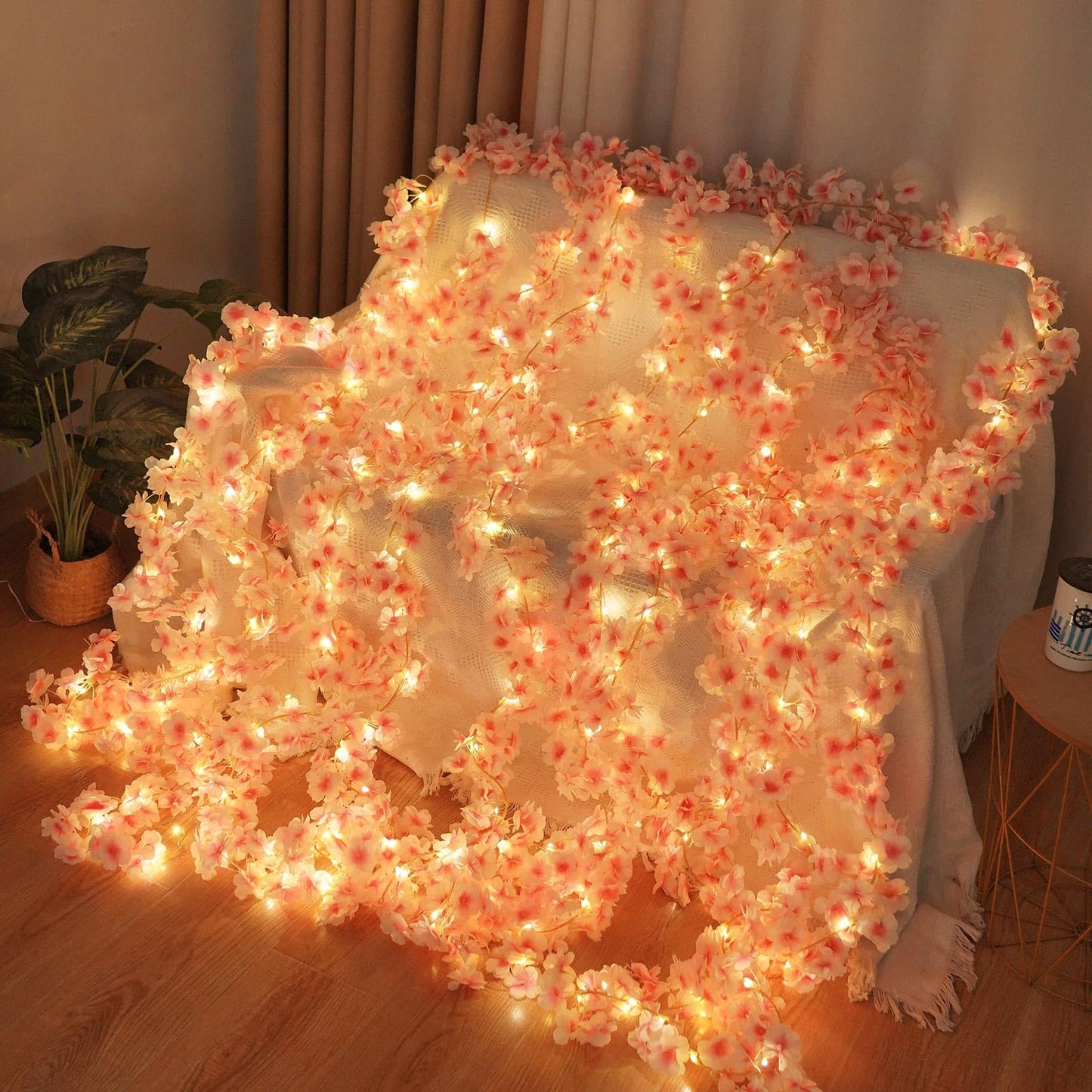 Lfasww Artificial Cherry Blossom Lights,190 LED 5.5ft x 6.2ft Warm White Curtain String Lights with Remote and Timer, 8 Modes, USB Powered for Room Wall Party Xmas Decor