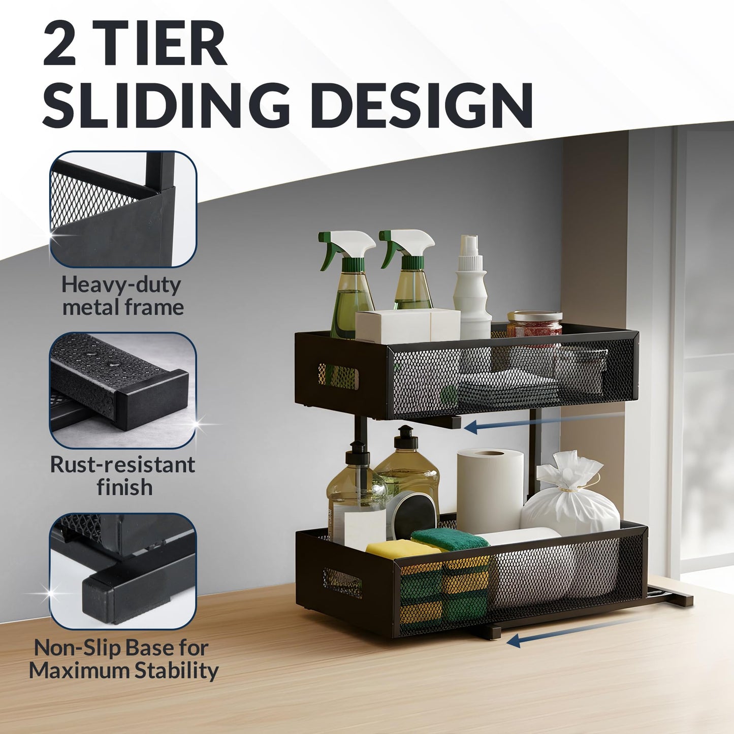 JMGLife Under Sink Organizer Set of 2, Heavy Duty Matte Black Metal Cabinet Organizer with Retractable Shelves, Adjustable Height, Expandable Storage for Kitchen Bathroom and Laundry Room