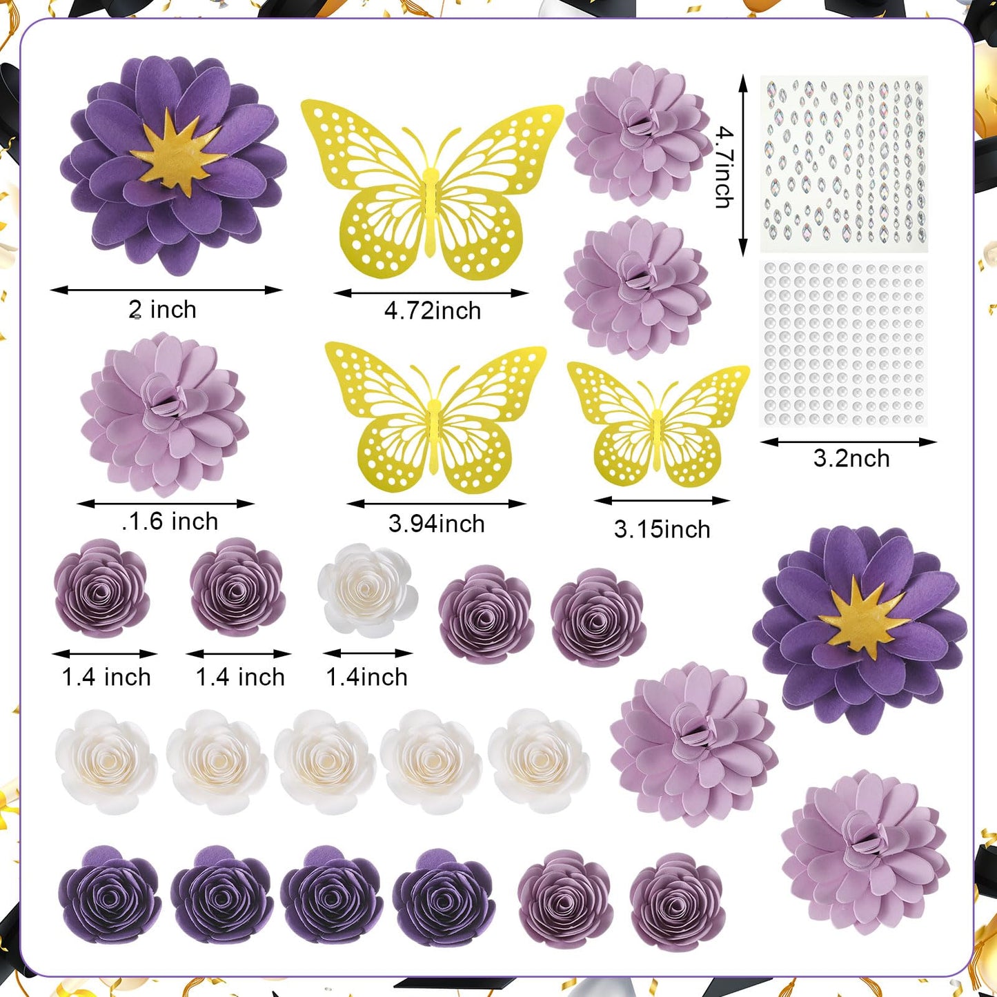MotiMind 39 Pcs Graduation Cap Decorations Kit Including 25 Rose Heads Paper Flowers 12 3D Gold Butterfly Stickers 1 Self Adhesive Pearl 1 Rhinestones Stickers for DIY Graduation Cap(Purple)