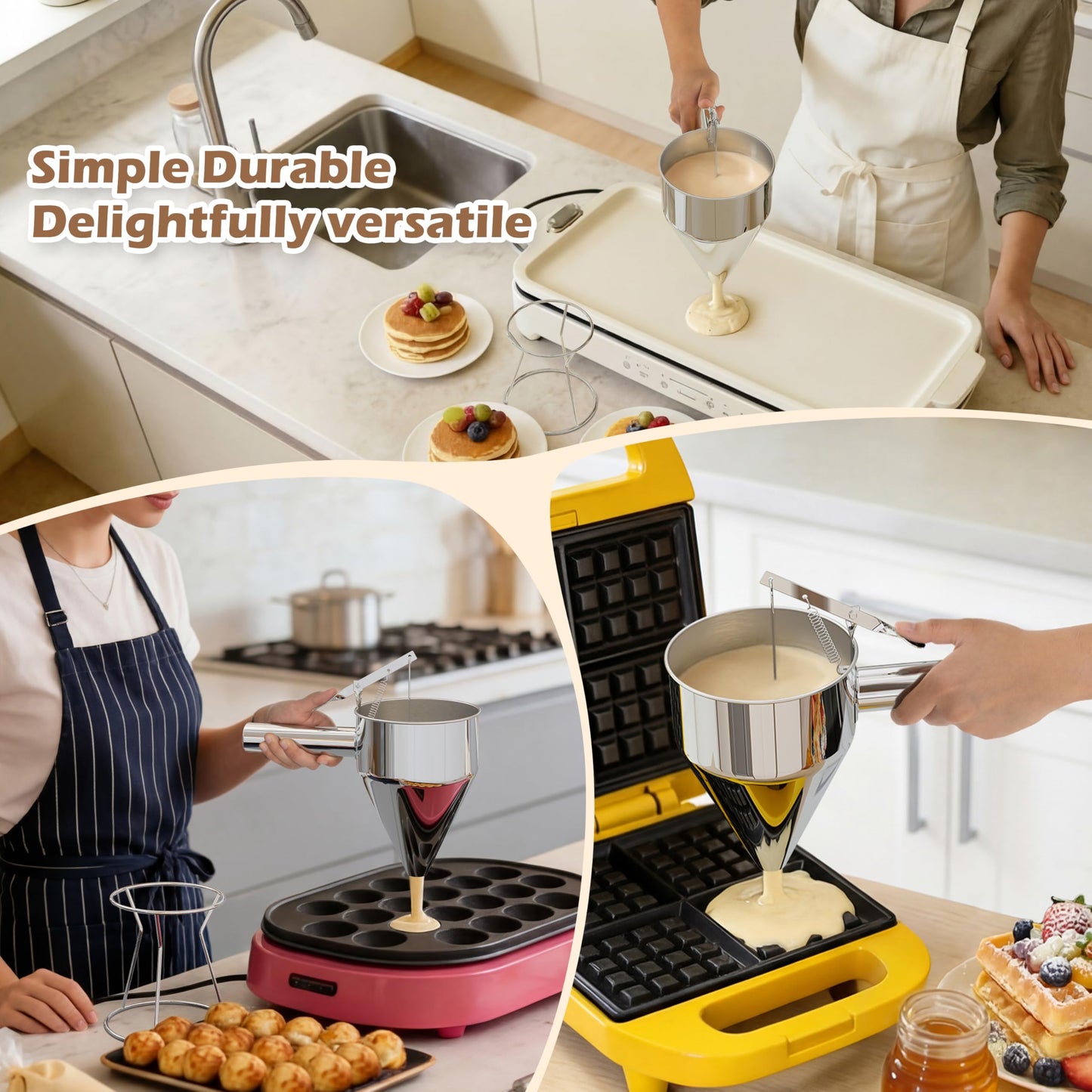 EgieMr Pancake Batter Dispenser, Pancake Dispenser with 0.8 in Large Spout, Easy-Pour Cake Batter Funnel for Thick Mix with Fruits or Chocolate Chips, Stainless Steel Funnel for Home and Kitchen