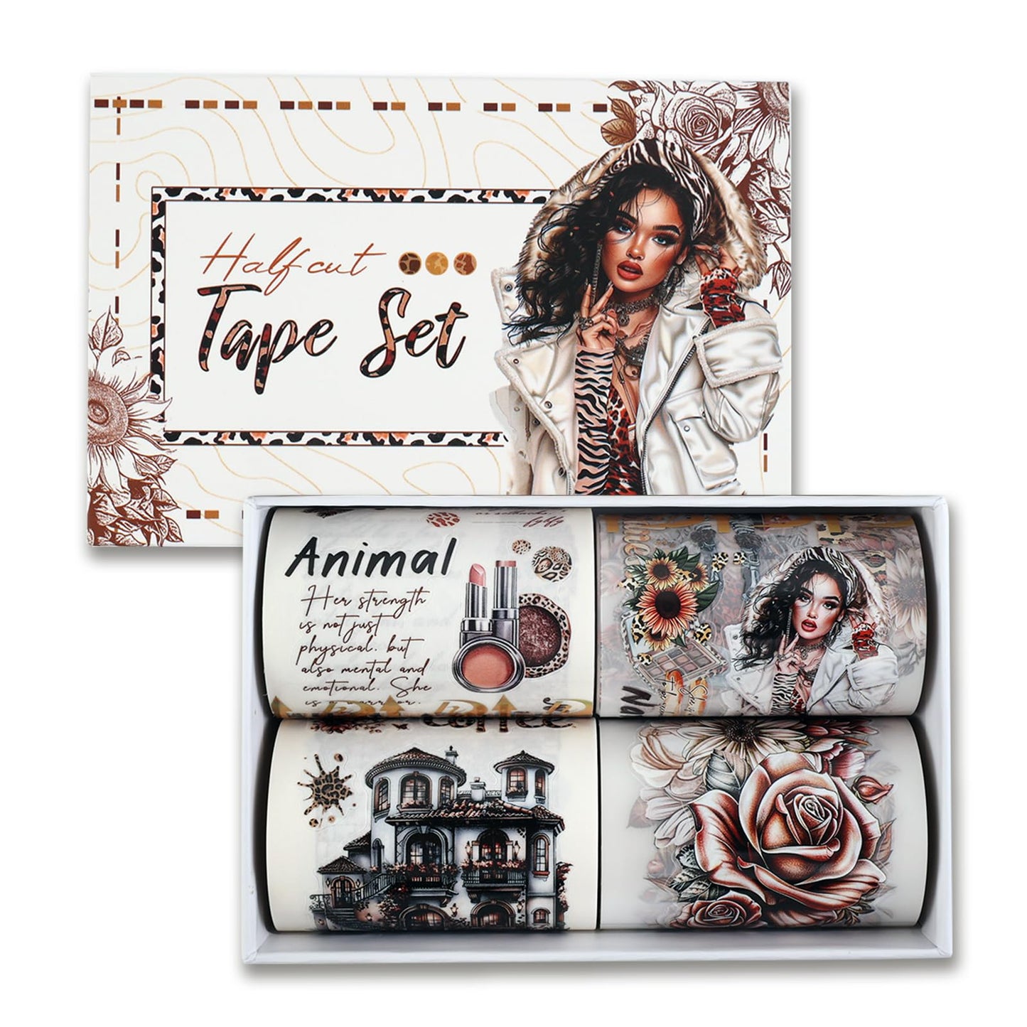 Dizdkizd Washi Tape Set, 4 Pre-Cut Animal Print PET & Washi Tapes Stickers with Diverse Sexy Women, Flowers, Adult Journaling Supplies for Collage Scrapbooks Craft Project