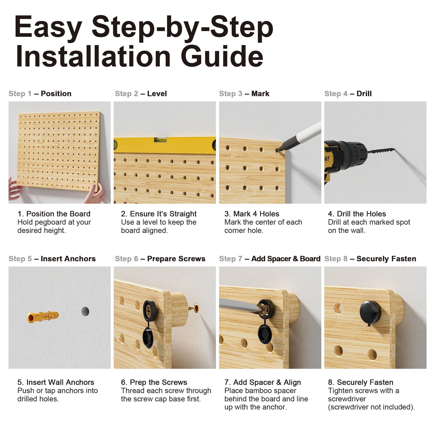 VOIMO Bamboo Peg Board, Eco-Friendly Pegboard Organizer Set with 35 Hooks – Wall Mounted Storage Rack for Kitchen, Tools, Crafts, Garage & Office – Pegboards System for Home Organization