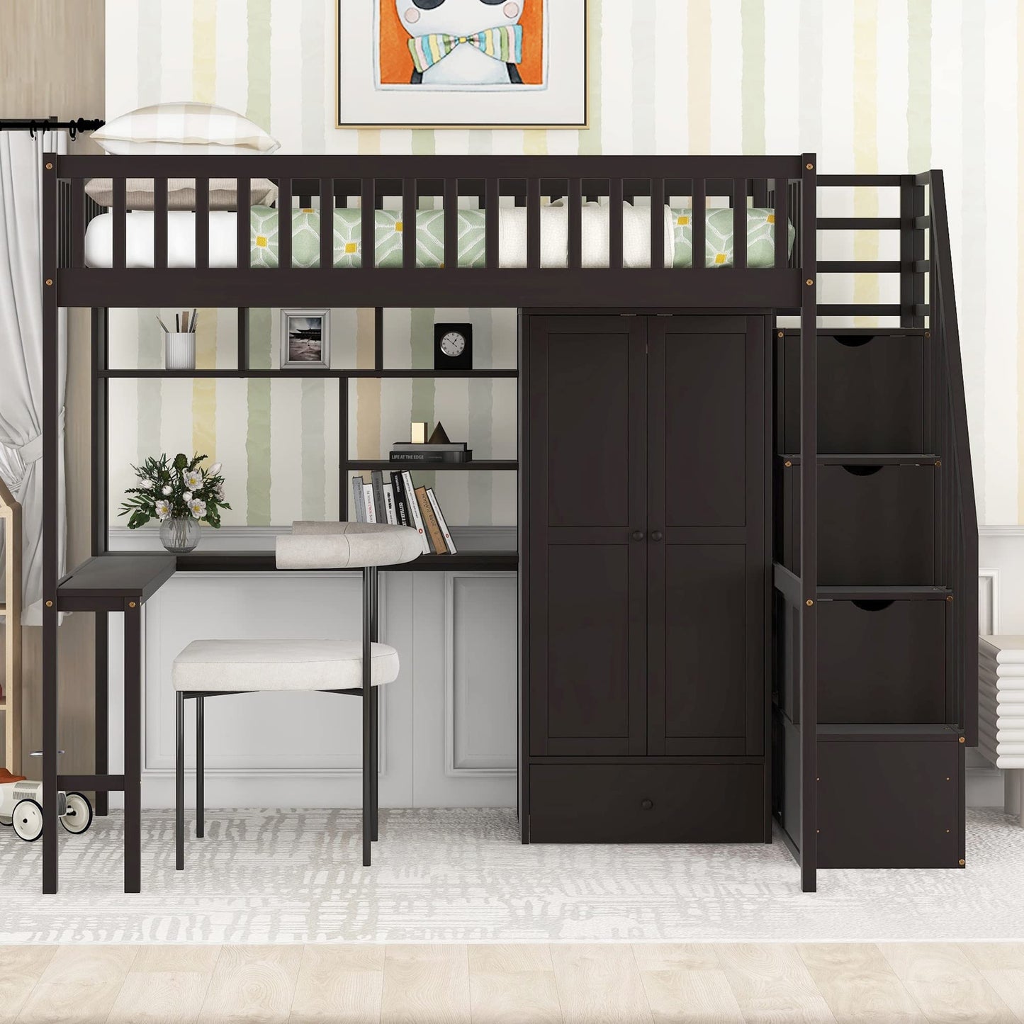 Full Size Loft Beds Stairway Loft Bed Frame with Wardrobe, Desk, Bookcase and Drawers, Espresso