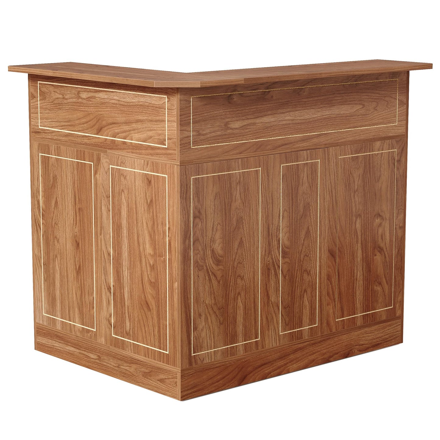 LITTLE TREE Bar Cabinet, 4-Tier Home Mini Bar Cabinet with Stemware Rack, Freestanding Wooden Storage Cabinets, Modern L-Shaped Liquor Table Cabinets for Living Room, Dining Room, Orange Brown