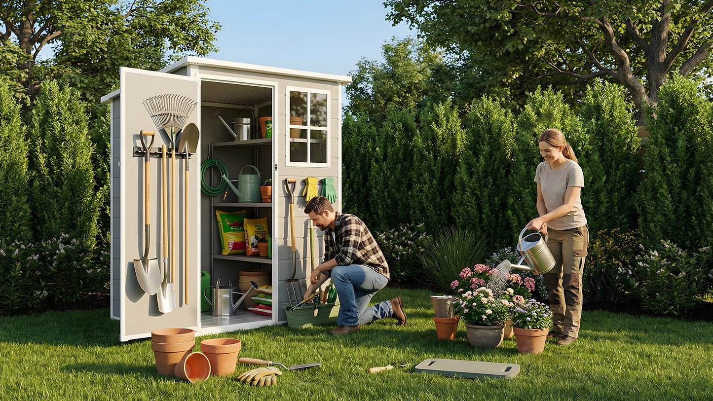 AIRAJ 5x3 FT Outdoor Storage Shed,Resin Storage Shed with Floor/Window/Vent/Roof Rainwater Drainage/Lockable Door,All-Weather Plastic Garden Sheds,for Yard,Garden,Poolside,Lawn Mower,Seasonal Items