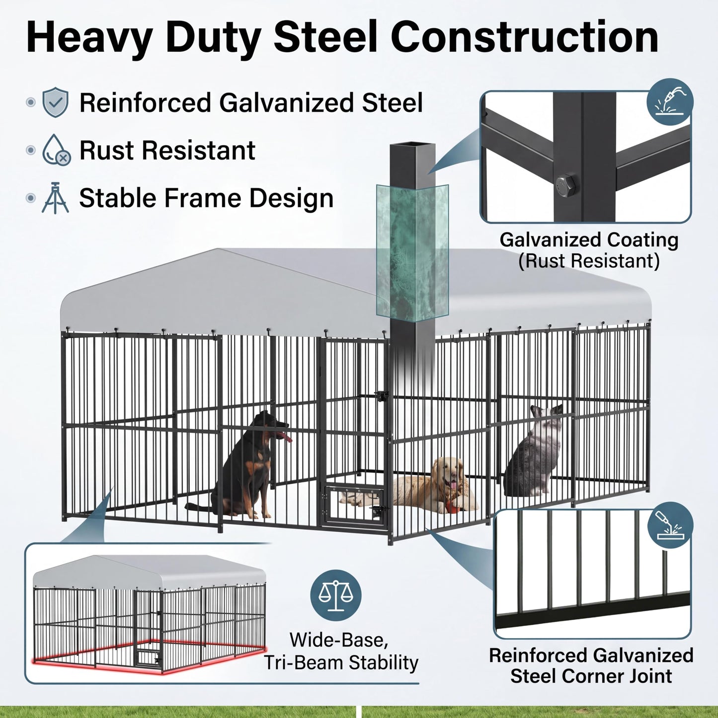 10x15 ft Outdoor Dog Kennel Heavy Duty Metal Dog Run Enclosure with Waterproof Cover & Feeding Door, Large Dog Kennel Outdoor with Lockable Gate for Backyard, Garden, Chicken Coop Run