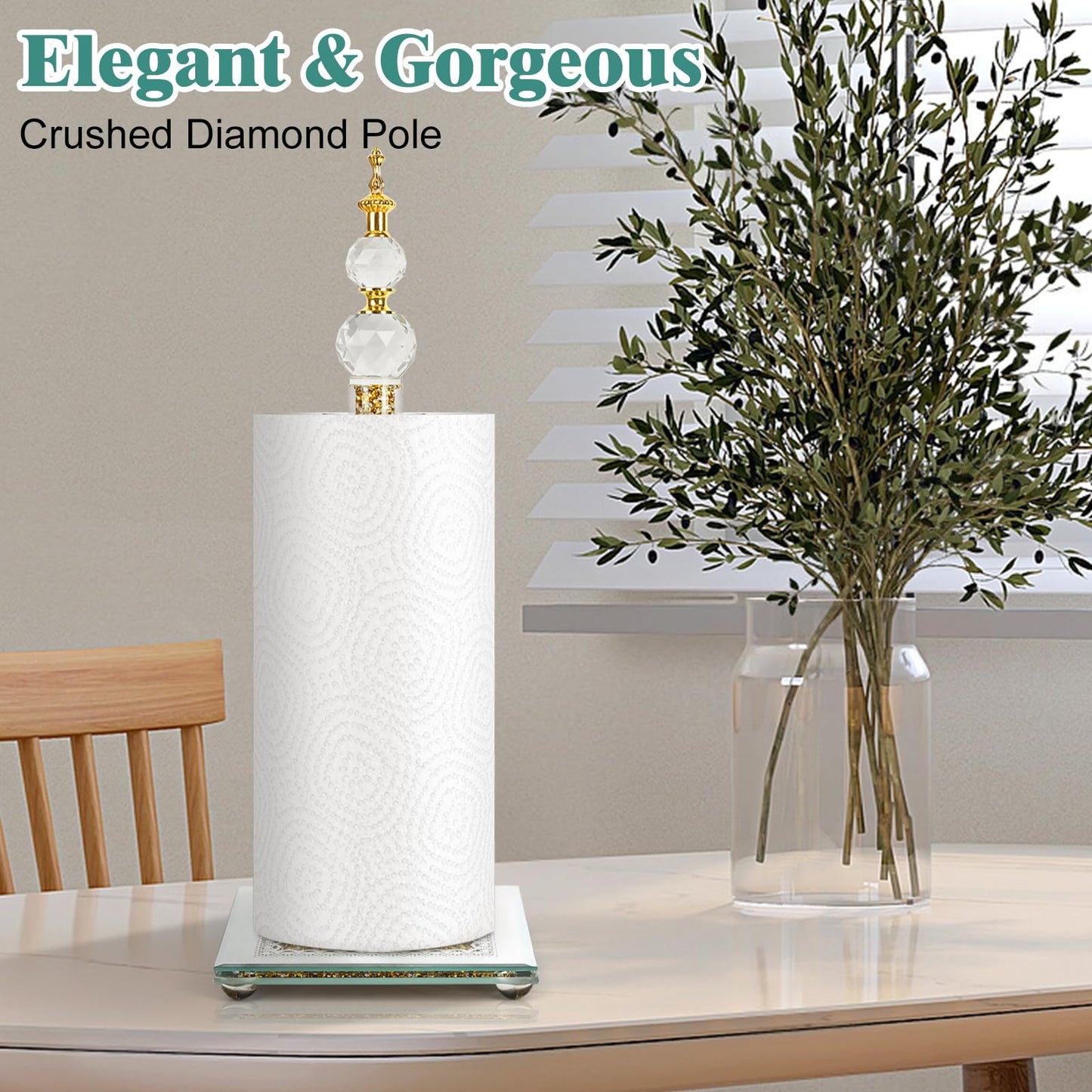 Bling Paper Towel Holder Stand with Square Base, Paper Filled with Countertop, Crystal Paper Towel Holder, Crystal Crushed Diamond Home Decor for Bathroom, Kitchen and Home (Gold)