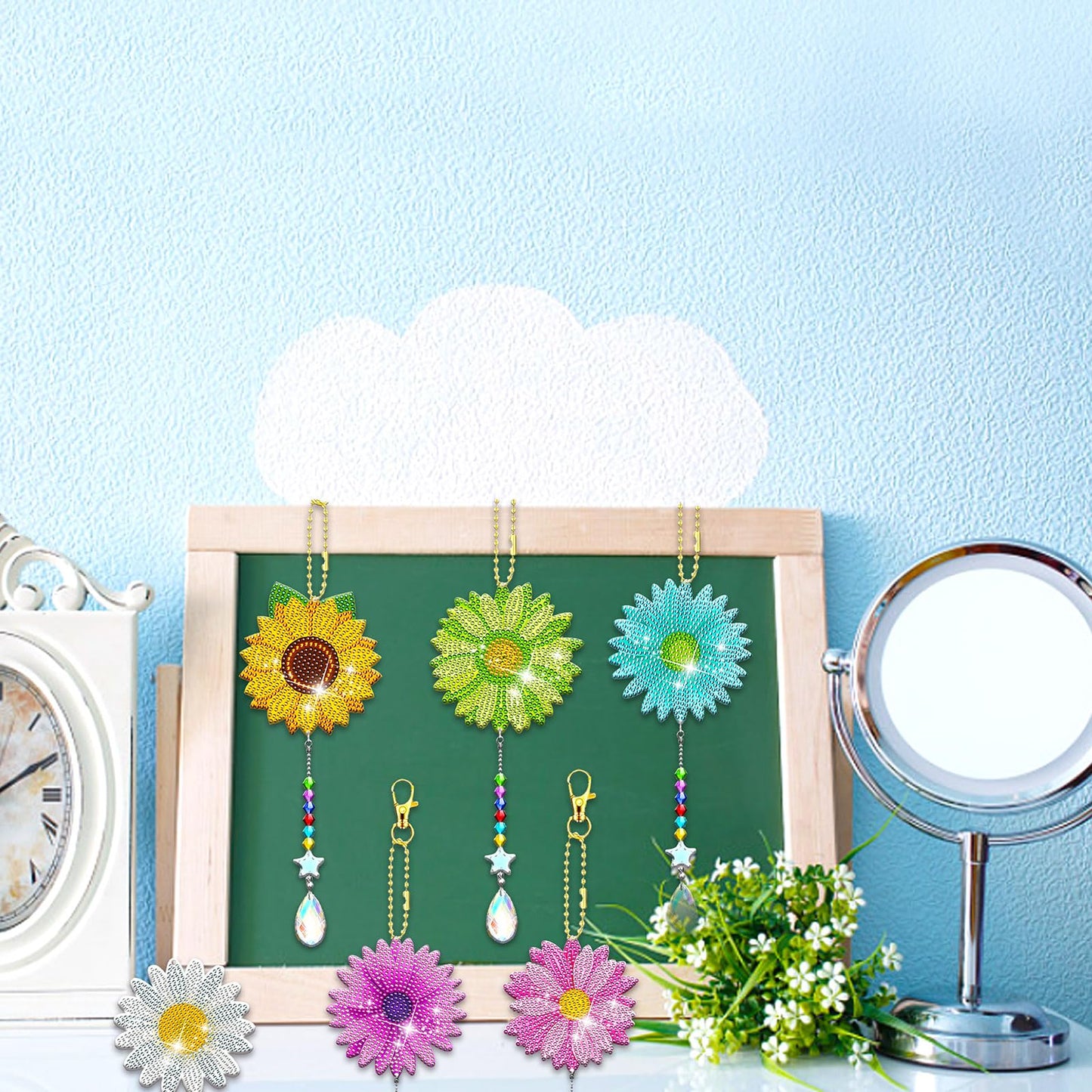 JeCuiK 6 Pcs Daisy Diamonds Painting Wind Chimes Suncatcher Double Sided Flower Rhinestone Painting Wind Chime 5D DIY Crystal Diamond Painting Kits Paint by Number Hanging Ornaments Mom Gifts