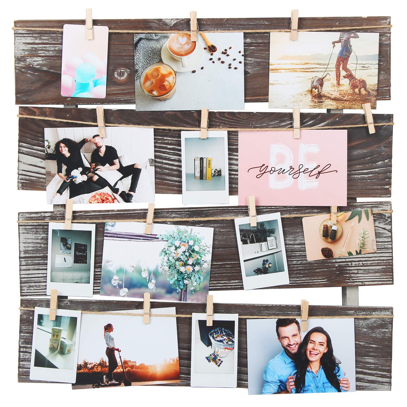 J JACKCUBE DESIGN Wall Mount Rustic Wood Clip Photo Holder, Photo Collage Frame for Multi Photo Display Wall Décor with 24 Clips 17.5 X 17.3inch - MK558A