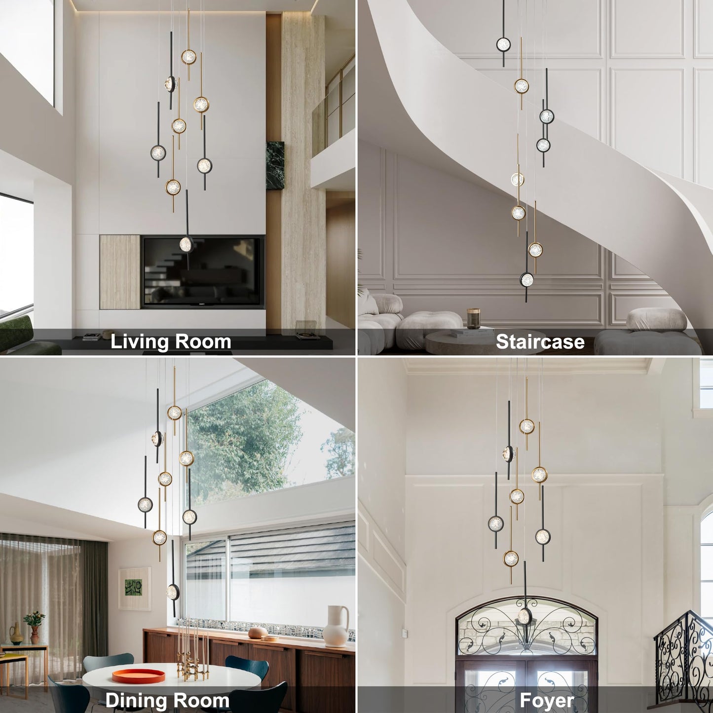 Voerqi 8-Light Chandelier,Crystal Globe Ball Bubble Chandelier with Special Black Gold pins.Black and Gold Chandelier for Spiral Staircase, Foyer, Entryway,High Ceiling (24W)