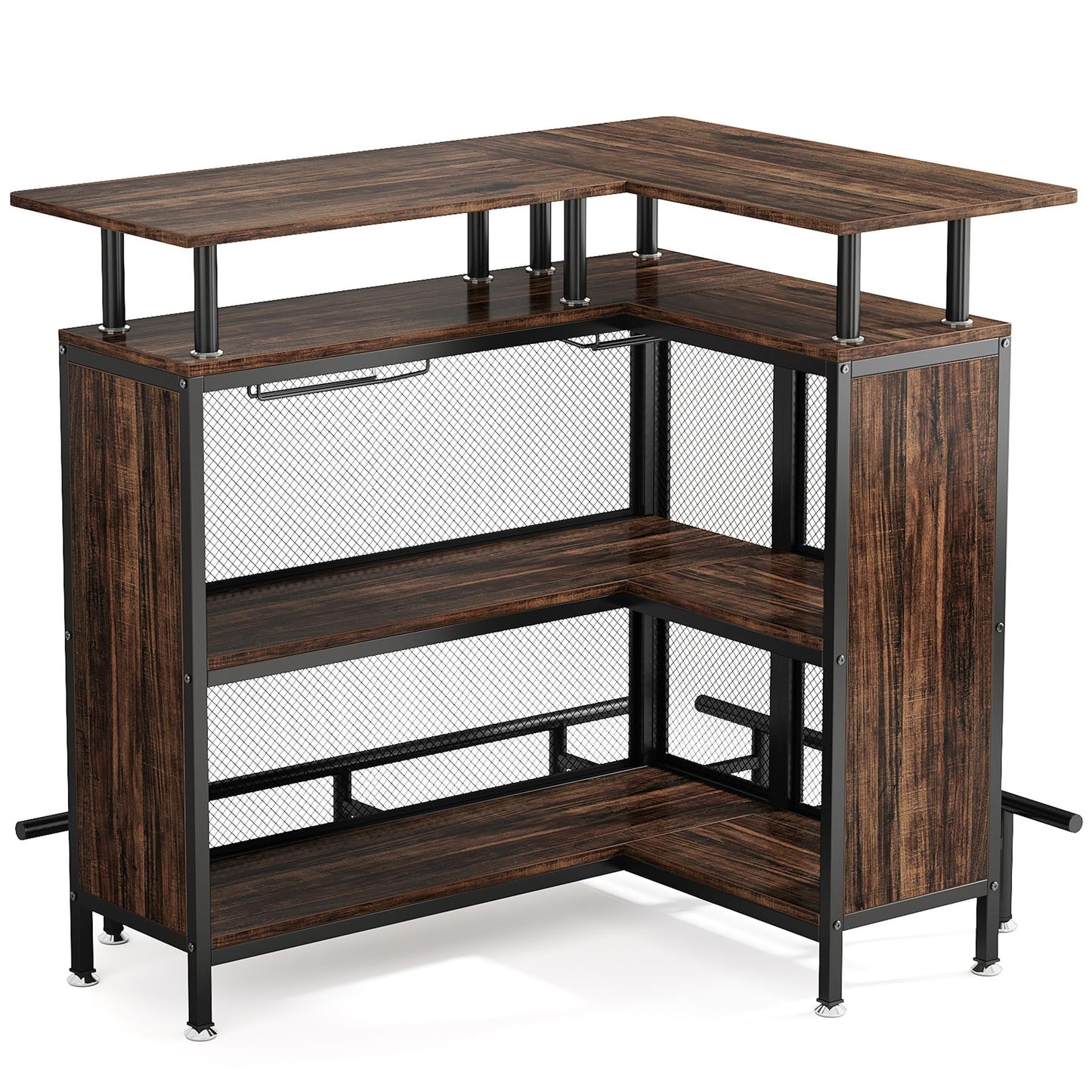 Tribesigns Home Bar Unit, L-Shaped Bar Table with Stemware Racks and 2-Tier Shelves, Corner Mini Coffee Liquor Cabinet with Footrest for Home/Kitchen/Pub, Rustic Brown