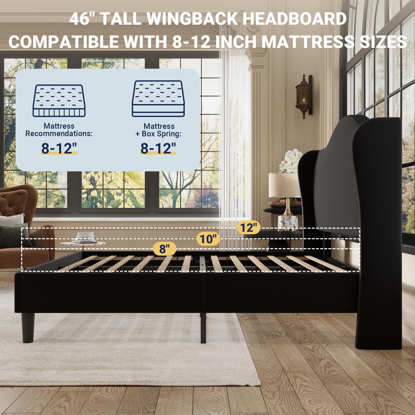 Allewie King Size Bed Frame, Upholstered Wingback Platform with 47" Tall Tufted Headboard, Plush Velvet Fabric, Modern Minimalist Design, No Box Spring Required, Tool-Free Assembly, Black